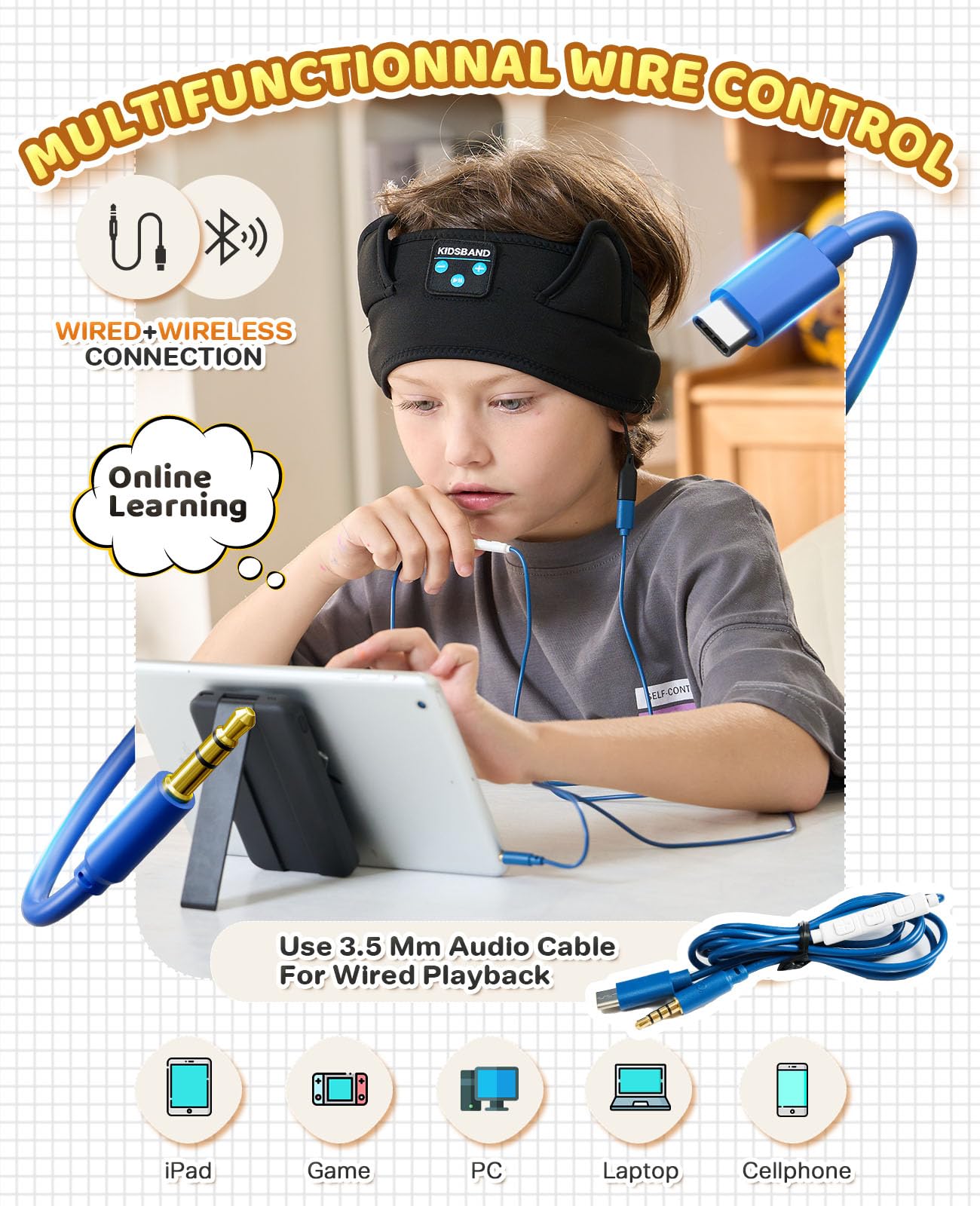 **Kids Headphones with Adjustable Headband - Foldable, 3.5mm Jack for Online Learning, Travel, iPad & Computer - Perfect for School, Airplane & Home Use**