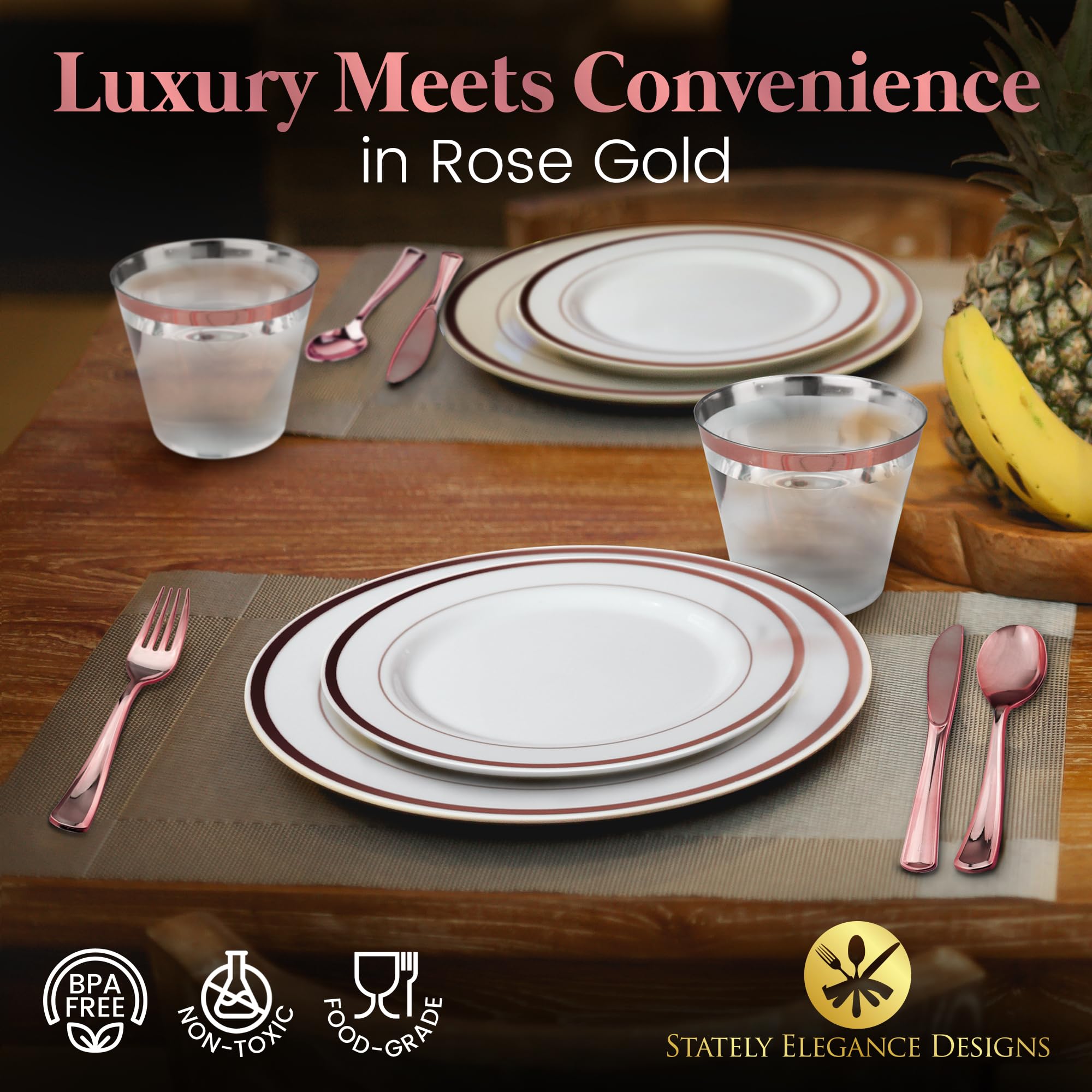 600-Piece Rose Gold Disposable Dinnerware Set - 200 White & Rose Gold Plastic Plates, 300 Rose Gold Plastic Cutlery, 100 Plastic Cups - Elegant Party Supplies for Weddings, Bridal Showers & Events (Serves 100 Guests)