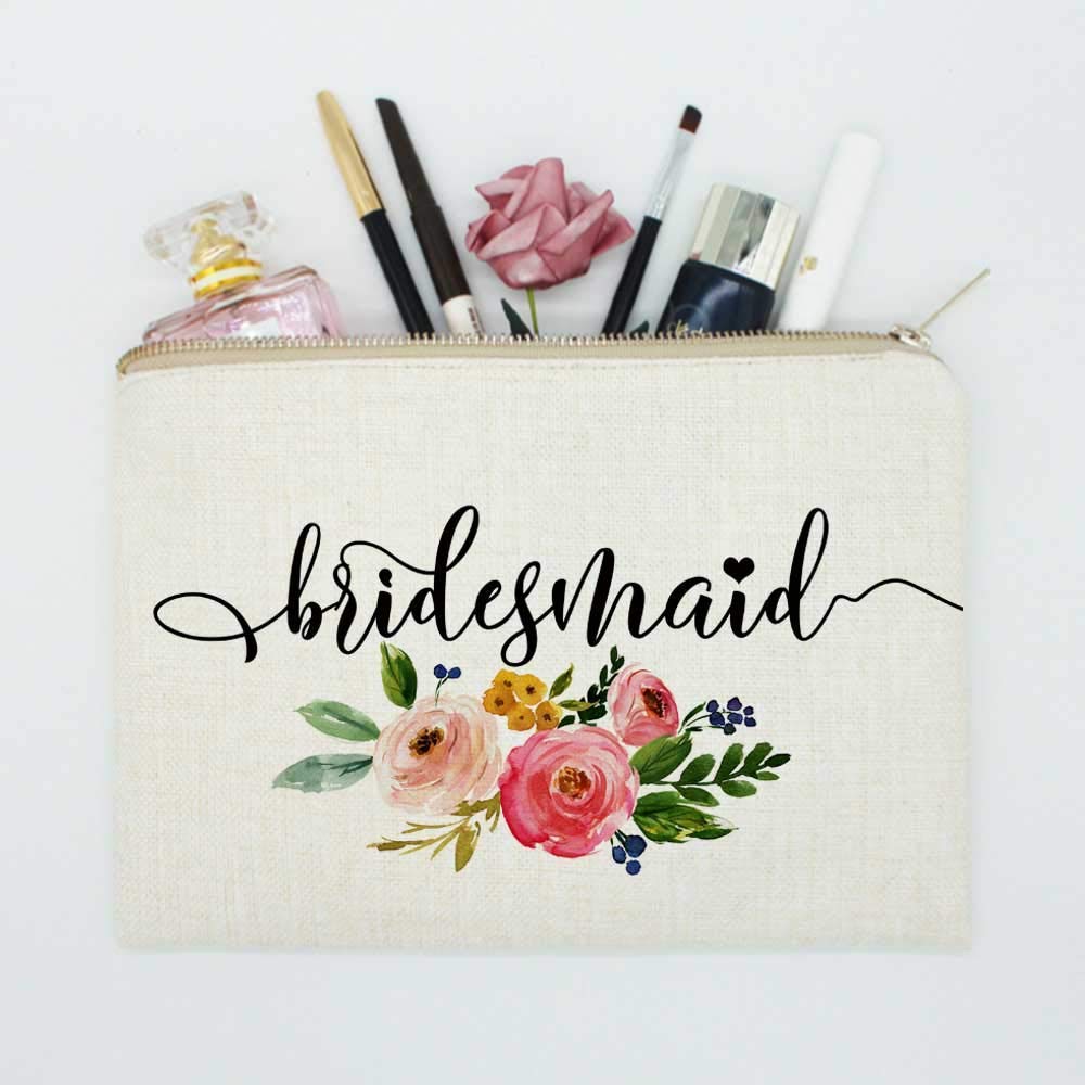Elegant Linen Makeup Bag for Bridesmaids - Perfect Bridesmaid Proposal Gift, Cosmetic Case for Bridal Party, Wedding Shower Gift - Great for Travel & Bachelorette Parties