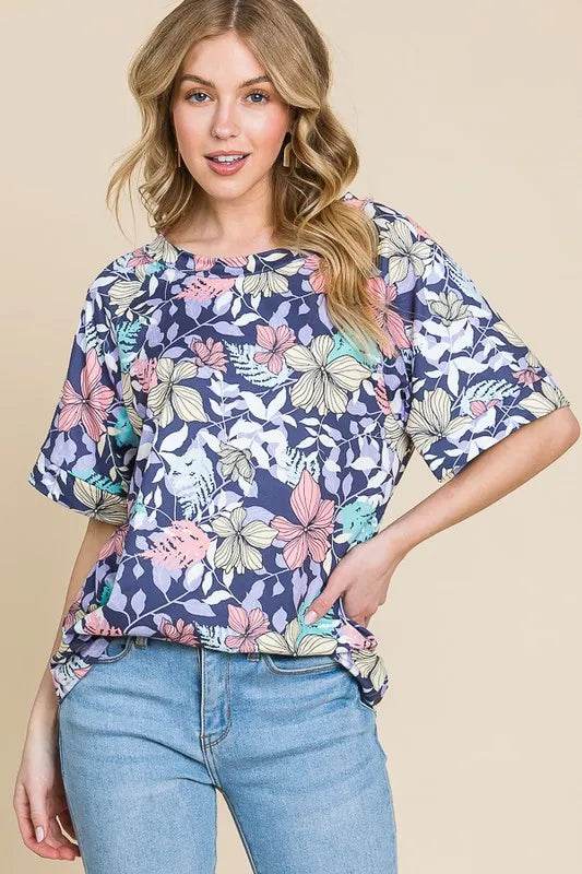 BOMBOM Women's Floral Print Round Neck Short Sleeve T-Shirt - Casual Summer Top for Outing, Beach, and Daily Wear