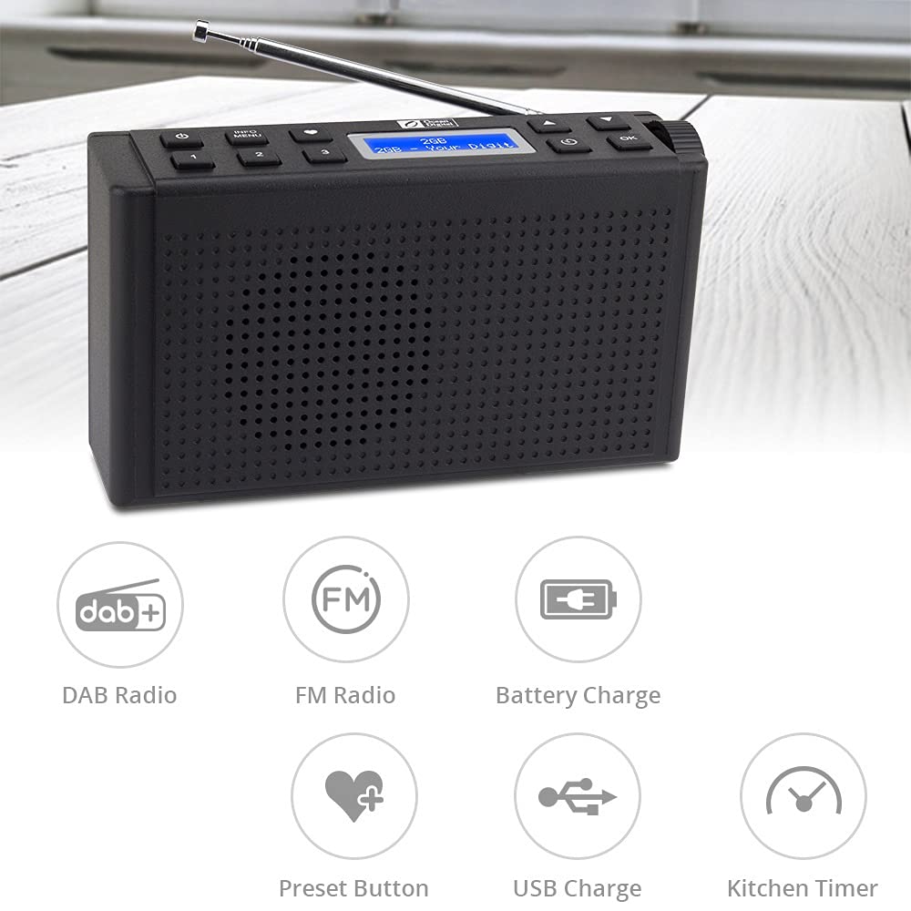 Portable DAB/DAB+ & FM Digital Radio with 3.5mm Headphone Jack - Rechargeable Battery Powered with USB Charging (Black) - Perfect for Home, Office, Travel & Outdoor Adventures