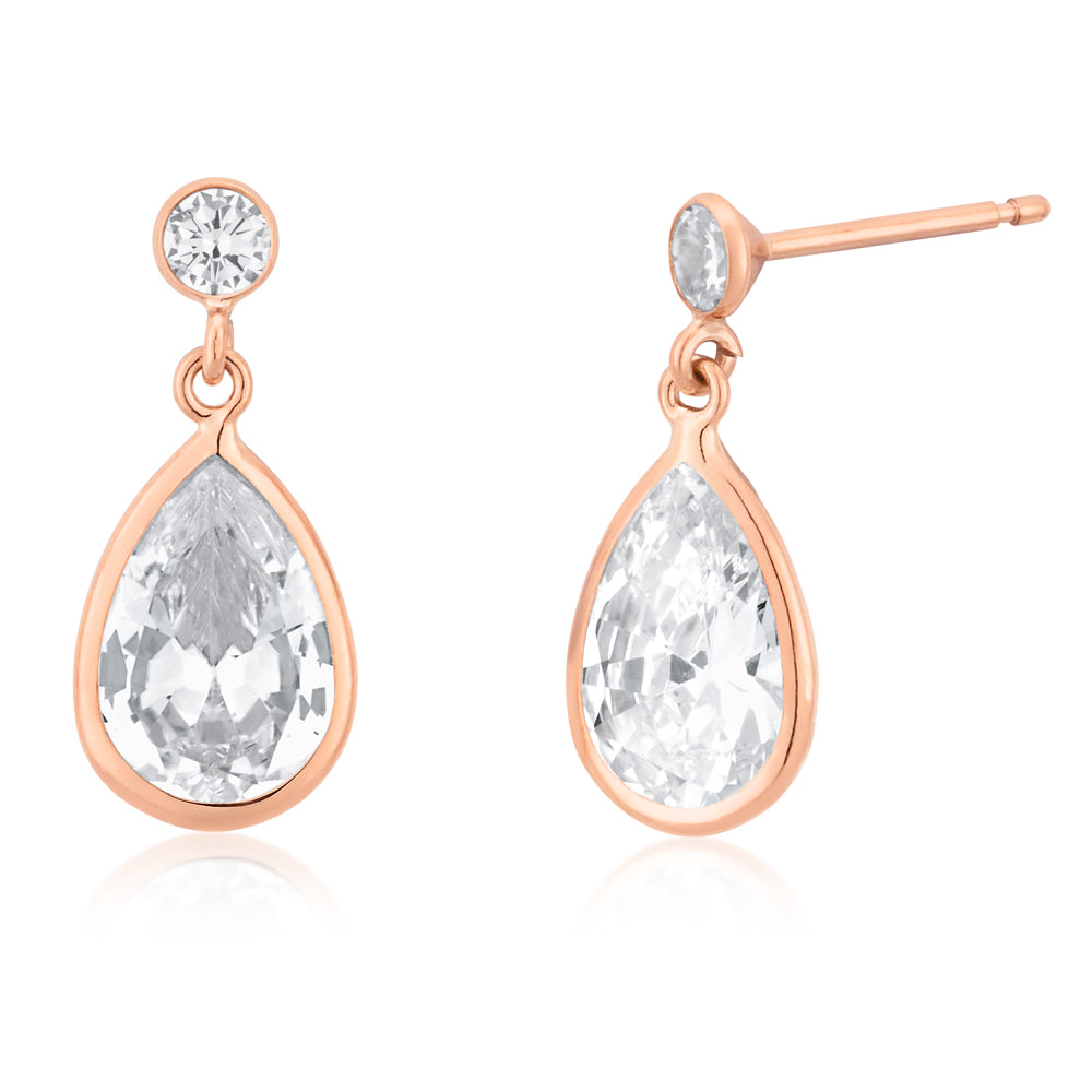 9ct Rose Gold Cubic Zirconia Drop Earrings for Women - Elegant Dangling Ear Jewelry for Parties, Weddings & Special Occasions