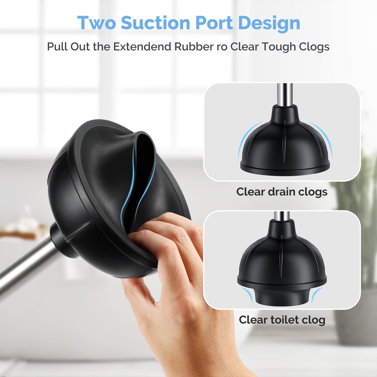 HAMITOR 2-in-1 Toilet Plunger & Brush Set - Heavy Duty Stainless Steel Bathroom Cleaner for Clog Removal & Scrubbing