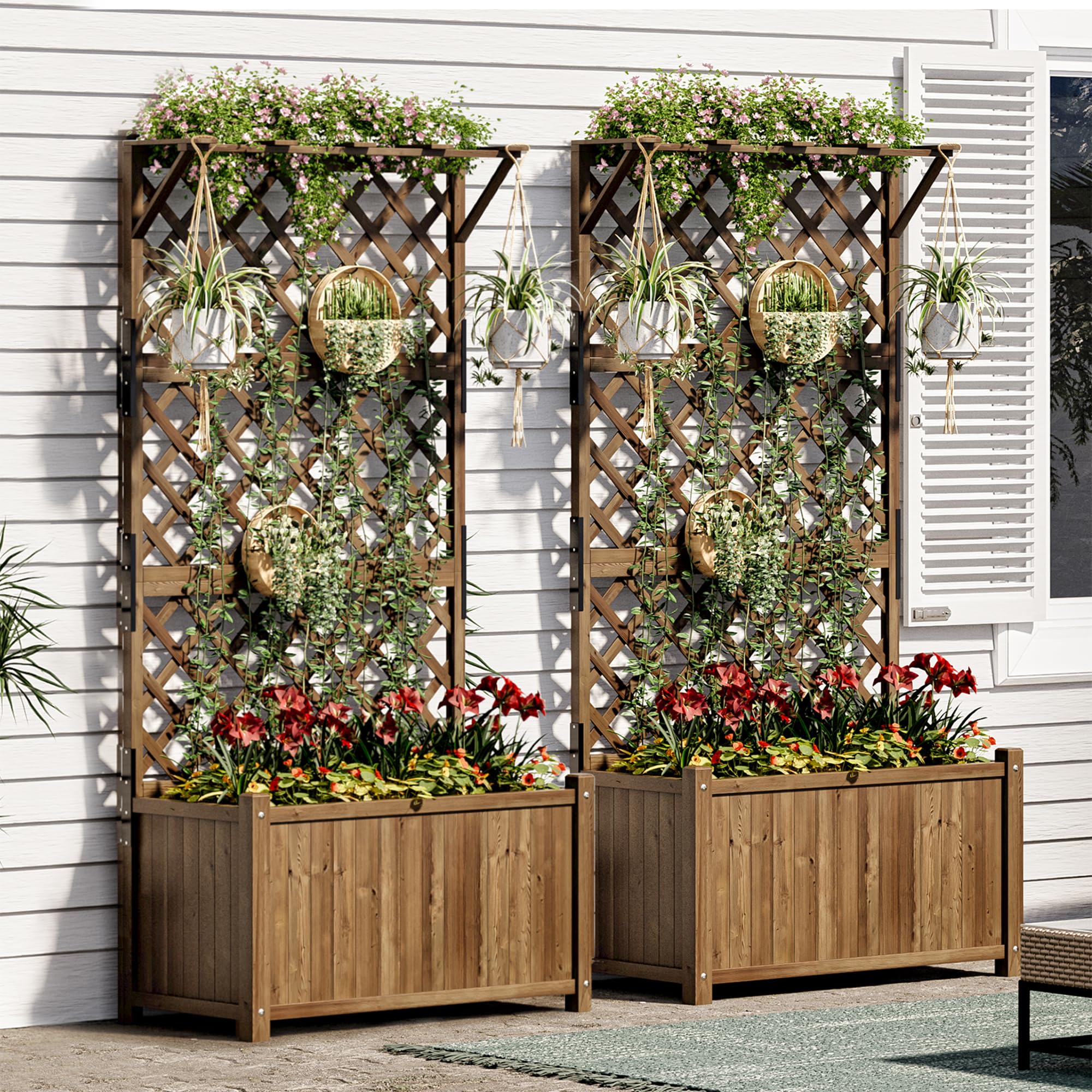 AMERLIFE 2-Piece Raised Garden Bed Set with Trellis - 35.4x17.7x72 Inch Planter Box for Climbing Plants, Vegetables, Flowers - Outdoor Gardening with Drainage Holes - Perfect for Backyards, Patios & Small Space Gardening
