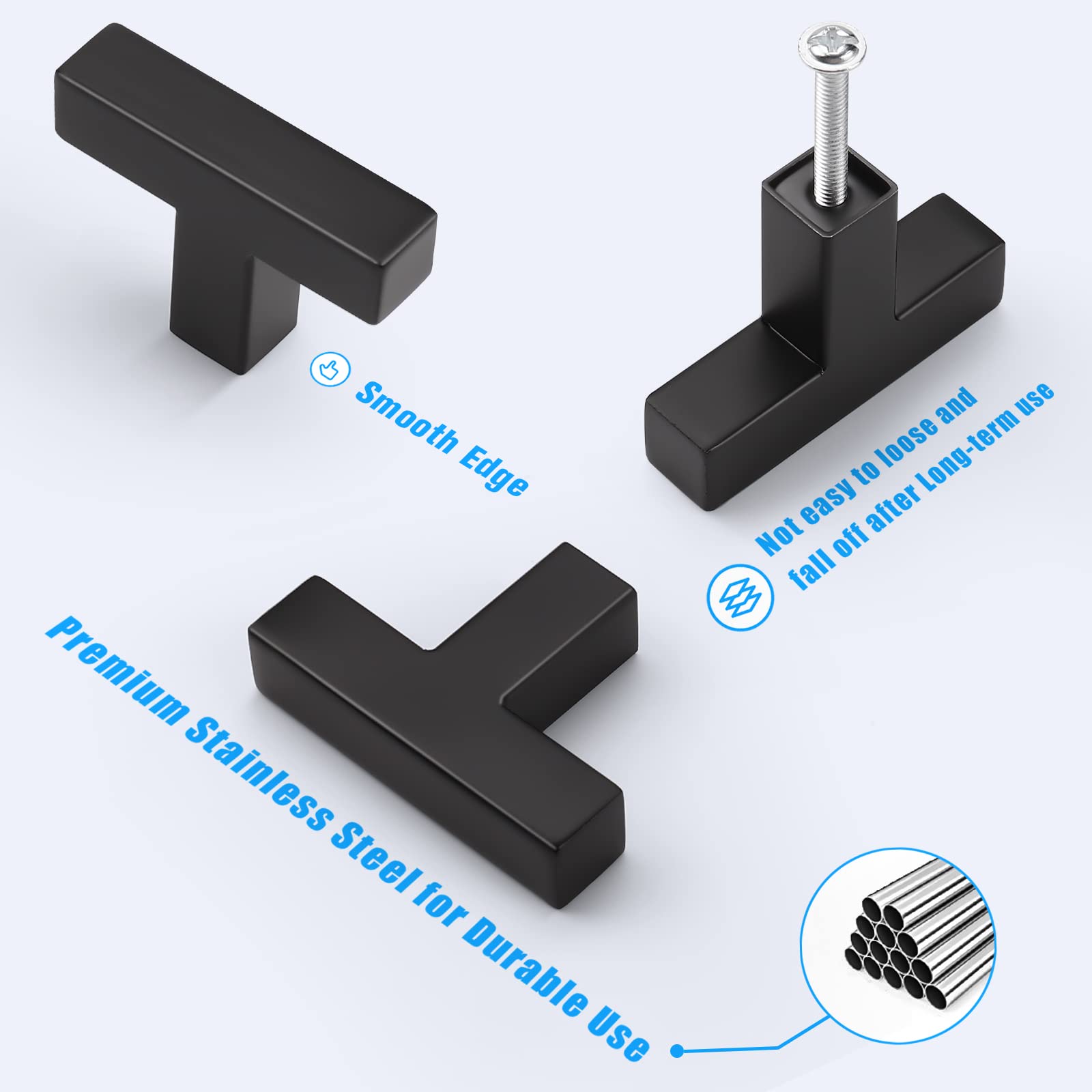 KNOBWELL 12 Pack Matte Black Cabinet Knobs - Stainless Steel T Bar Drawer Pulls for Kitchen & Bathroom - Single Hole 2