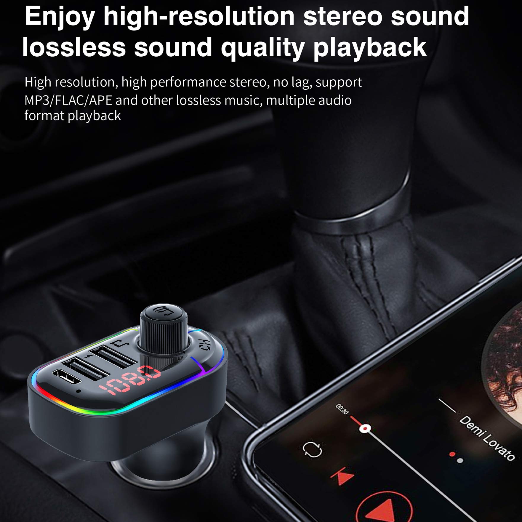 Eessley Bluetooth 5.0 FM Transmitter for Car - Wireless Car Adapter with Hands-Free Calling, MP3 Player, USB-C & Dual USB Ports - Perfect for Music Streaming & Phone Charging on Road Trips