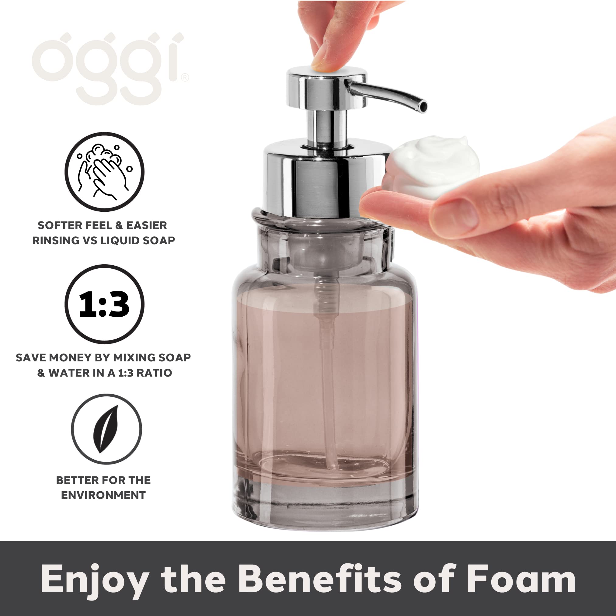 OGGI Glass Foaming Soap Dispenser - 10oz Heavy Glass Refillable Hand Soap Pump for Bathroom & Kitchen - Round Gray/Chrome Design - Perfect for Vanity, Sink Countertop, and Guest Bathroom Decor