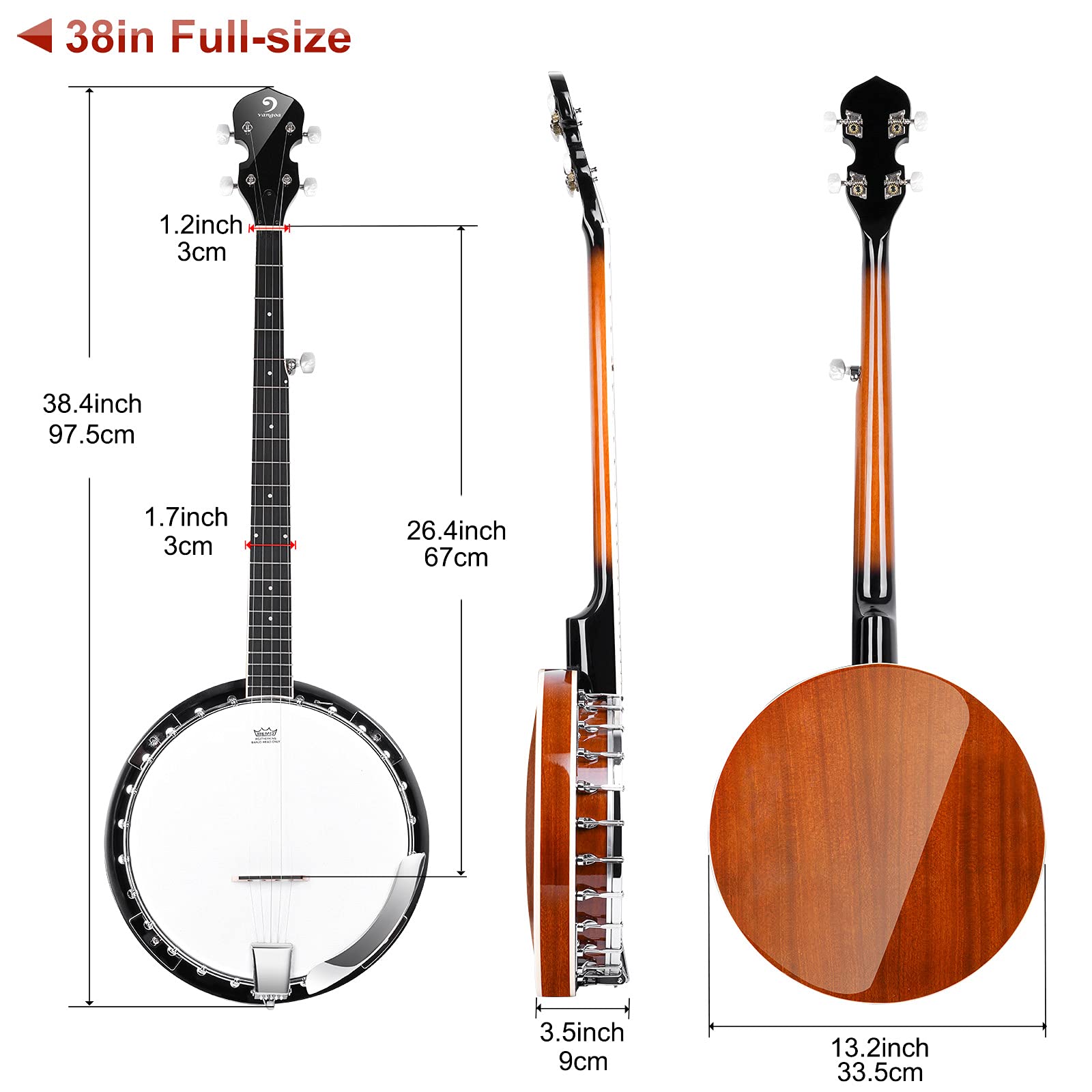 Vangoa Left-Handed 5-String Mahogany Open Back Banjo with Resonator & Remo Drum Head - Full Size Beginner Kit with Manual & Geared 5th String | Perfect for Bluegrass, Folk Music & Beginner Practice at Home