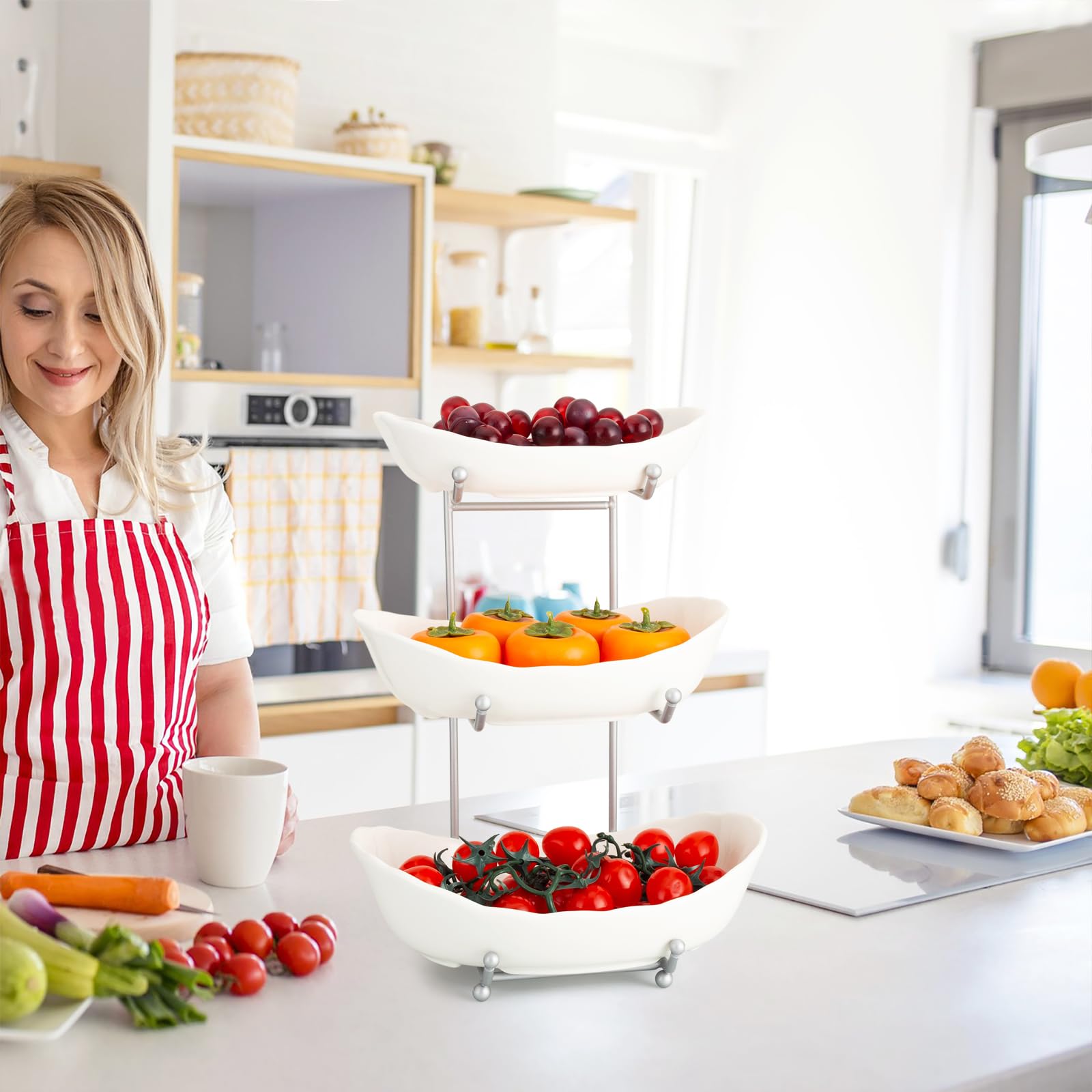 3-Tier Ceramic Fruit Bowl with Metal Stand - Elegant Kitchen Countertop Serving Bowl for Fruits, Vegetables, Snacks, Bread, Candy, Nuts, Cake & Desserts | Perfect for Dining Room, Party Display & Home Decor (White)
