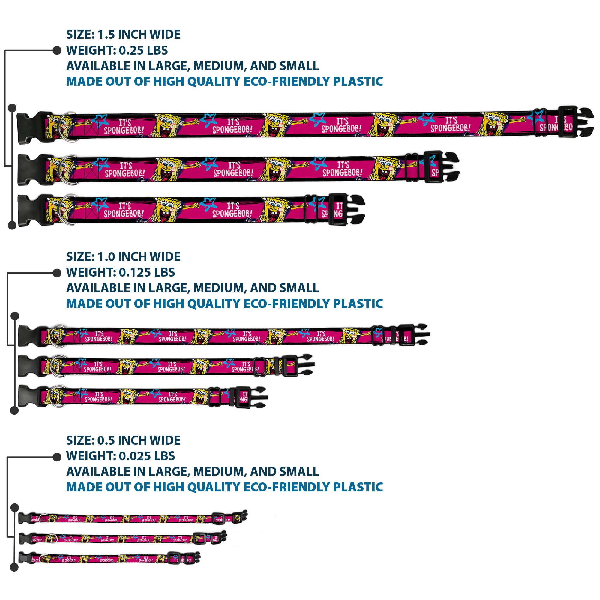 Spongebob Dog Collar with Plastic Clip - Adjustable 18-32 Inch, 1.5 Inch Wide Pet Collar in Black, Pink, Blue & White Stripes - Perfect for Cosplay, Halloween Costumes & Cartoon-Themed Pet Accessories