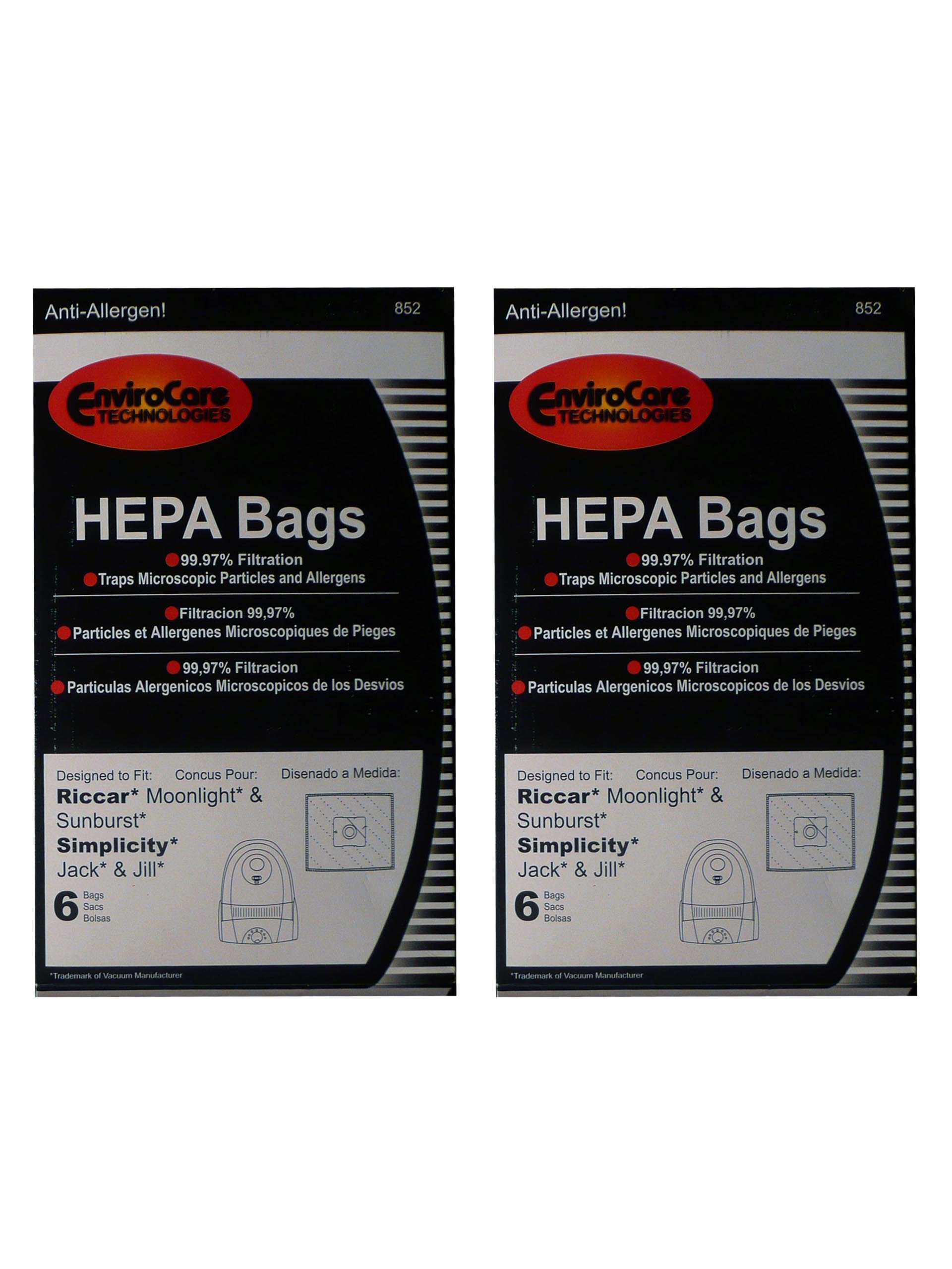 EnviroCare Technologies HEPA Vacuum Bags - 12 Pack for Simplicity, Jack Jill, Riccar Moonlight & Sunburst Vacuum Cleaners | Dust & Allergen Protection for Hardwood Floors, Carpets & Pet Hair Removal