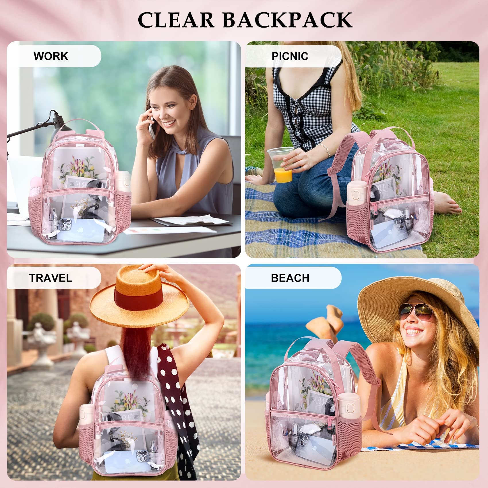 Clear Mini Backpack - Stadium Approved See-Through Small Transparent Bag for Women | Perfect for Sports Events, Concerts & Travel | Lightweight & Water-Resistant | Ideal for Theme Parks, Festivals & Security Checks (Pink)