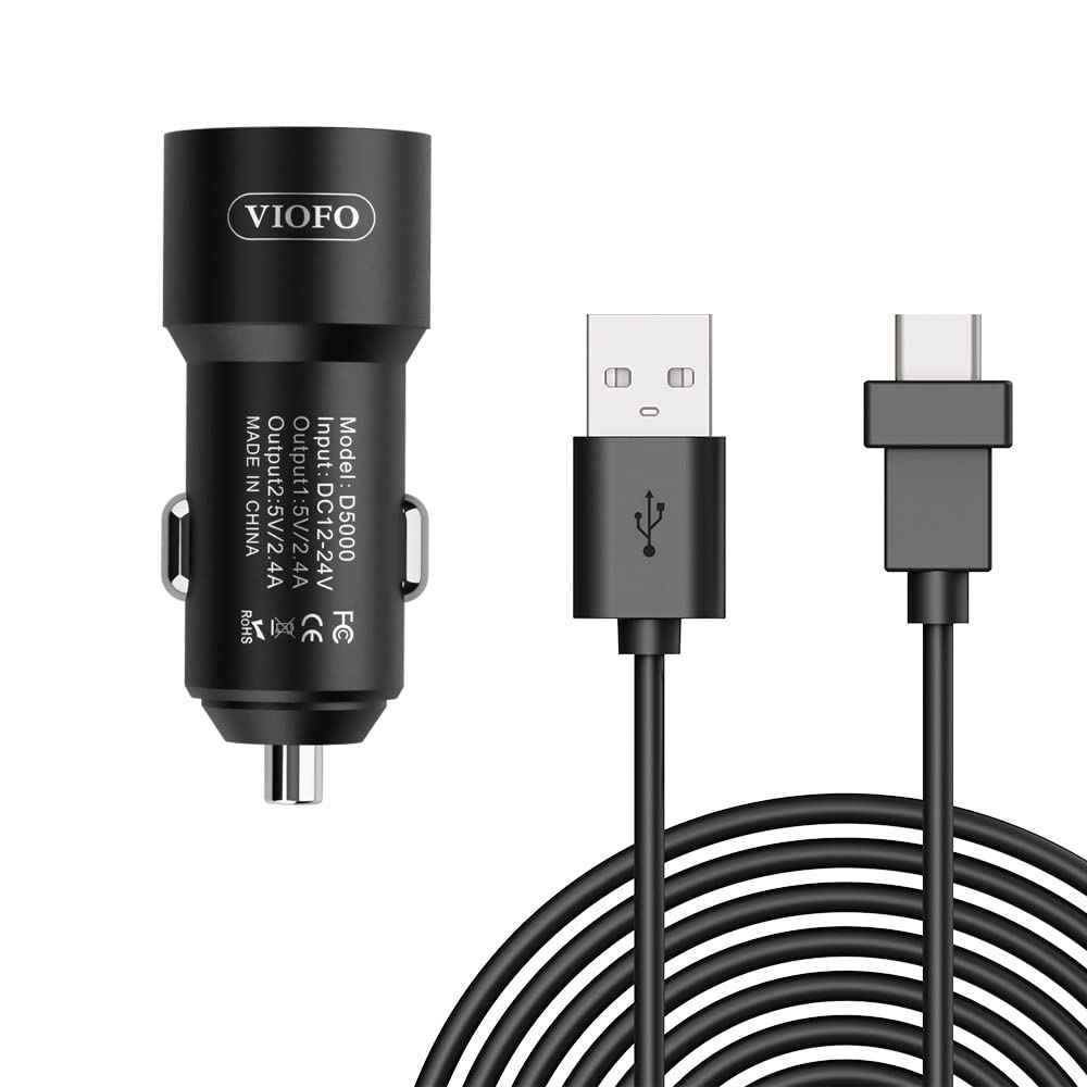 VIOFO D5000 Type-C USB Car Charger with 11.4ft (3.5M) Power Cable - Compatible with A229 Pro, A229 Plus, A119 Mini 2, A139 Pro, T130 & WM1 Dash Cams - Fast Charging for Road Trips & Daily Commutes