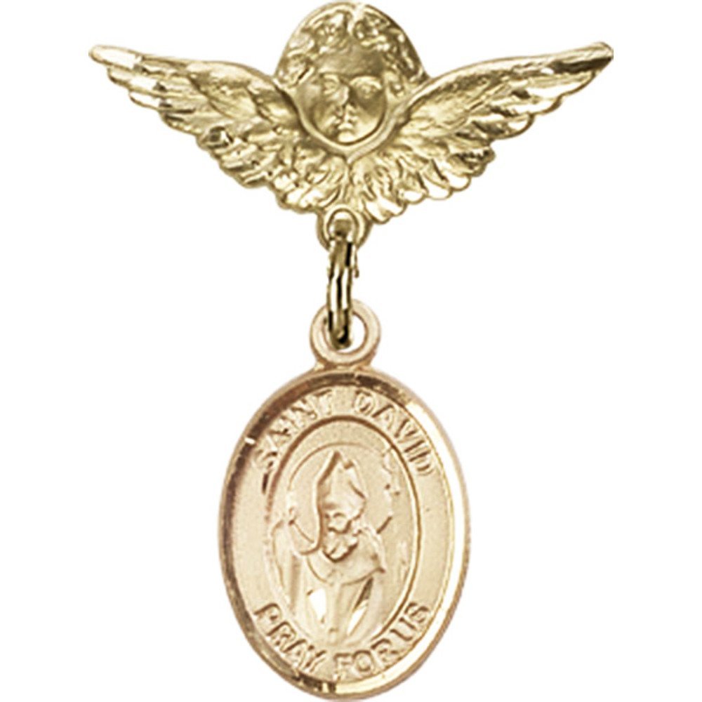 Gold Filled Baby Badge with St. David of Wales Charm & Angel Wing Pin - 1 X 3/4 Inches - Perfect for Christening Gifts, Baby Showers & Keepsake Jewelry