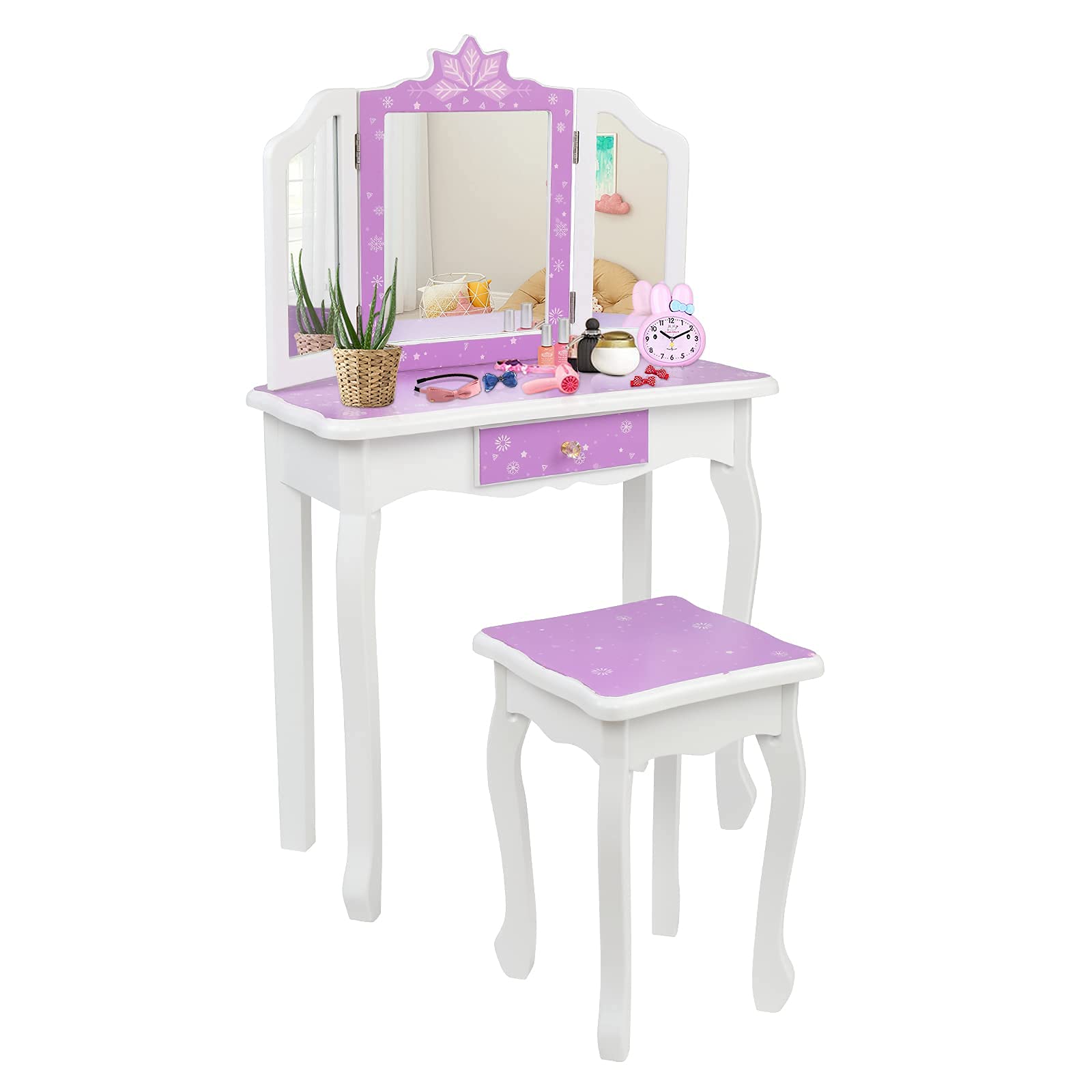 **Princess Vanity Set for Girls Ages 3-9 – Kids Makeup Dressing Table with Stool, Tri-Folding Mirror & Drawer – 2-in-1 Toddler Vanity (Purple) – Perfect for Pretend Play, Birthday Gifts & Bedroom Decor**