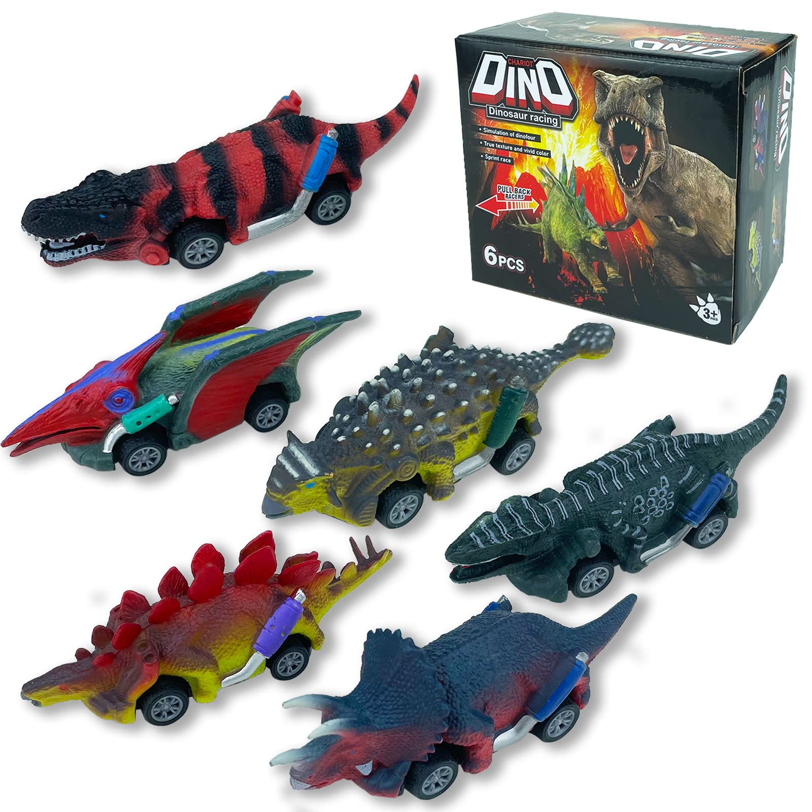 Dinosaur Toy Cars for Kids Ages 3-5 - 6 Pack Monster Truck & Dino Vehicles Set - Best Toddler Boy Gifts for Birthday & Christmas | Pretend Play, STEM Learning, Party Favors
