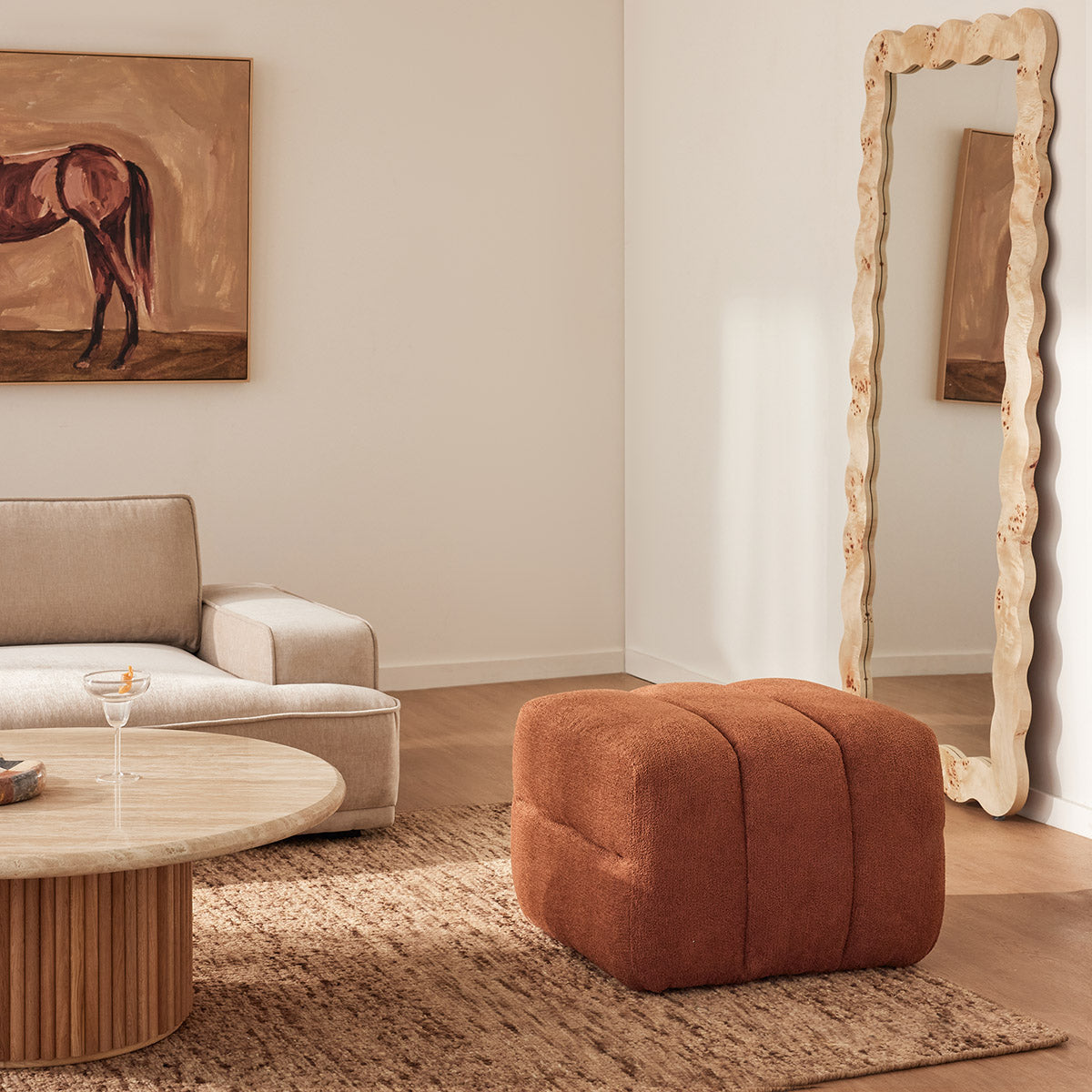Amelia Boucle Ottoman Stool - Round Tufted Footrest Pouf with Storage, Modern Accent Chair for Living Room, Bedroom & Nursery - Soft Velvet Fabric, Neutral Beige Home Decor