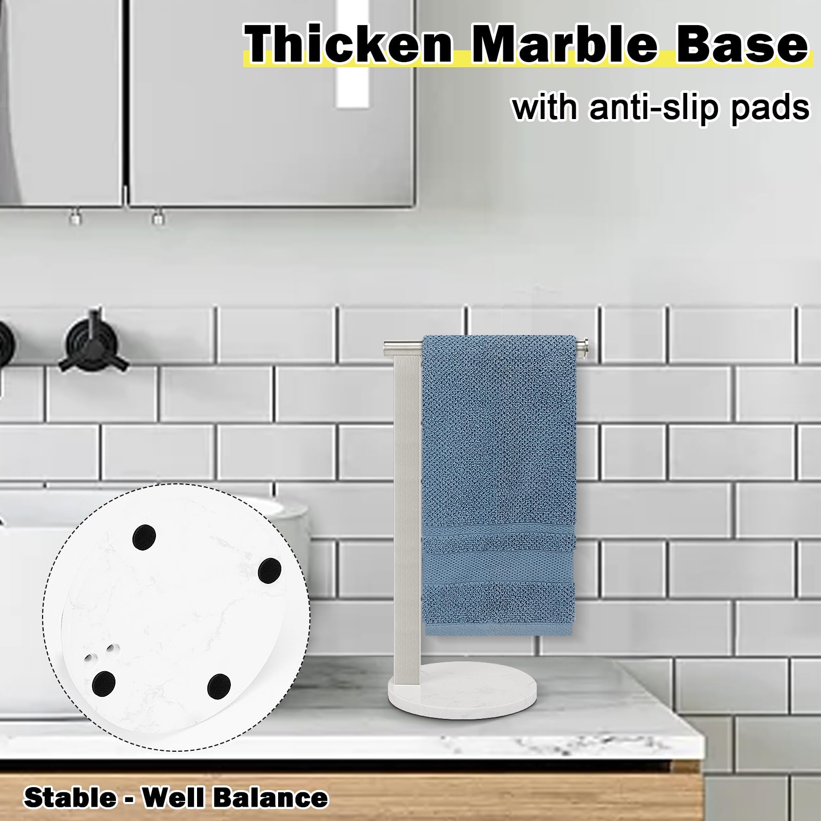 Premium SUS304 Stainless Steel L-Shaped Hand Towel Holder - Brushed Nickel Bathroom Towel Rack with Thickened Base for Countertop Vanity - Perfect for Modern Bathrooms, Kitchens & Spa Areas