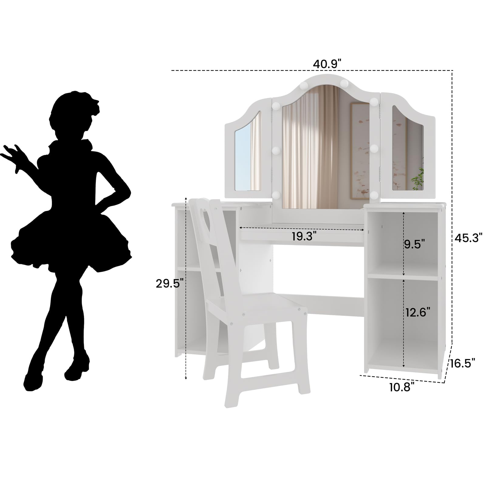 Princess Makeup Vanity Set for Girls - Kids Wooden Vanity Table with Touch Light, Detachable Tri-Folding Mirror & Storage Shelves - Toddler Pretend Play Dressing Desk & Chair - Perfect for Bedroom Decor & Role Play Gifts