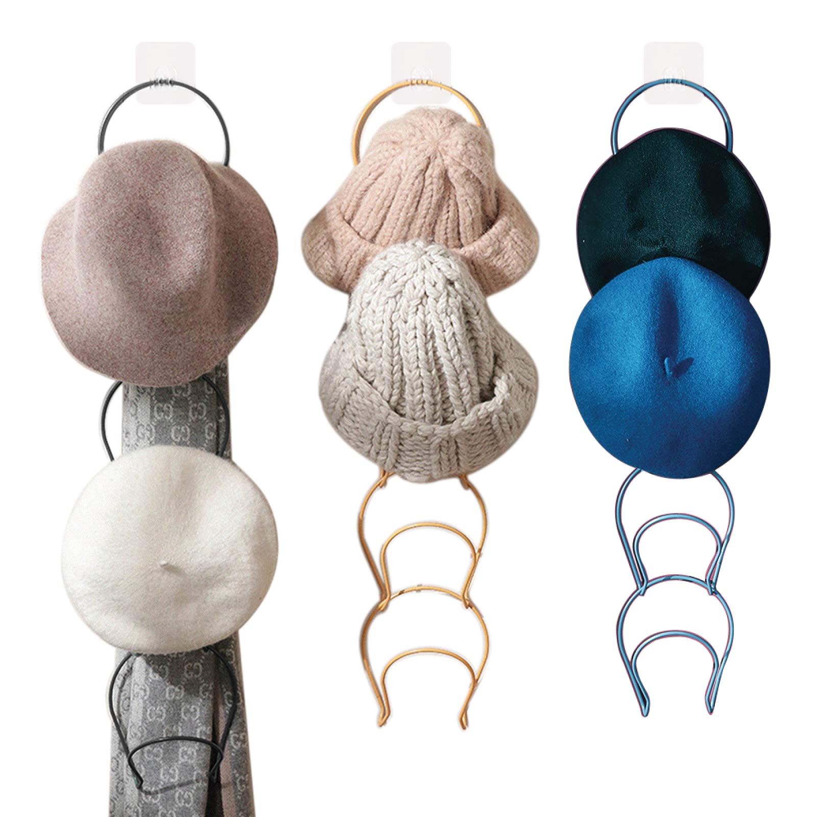 15-Piece Hanging Hat Organizer & Cap Rack - Wall Mounted Baseball Cap Holder for Closet, Door, Kitchen, Bathroom - Perfect for Storing Hats, Scarves, Bags (Black, Blue, Yellow) - Ideal for Home, Dorm, Office Organization & Space Saving
