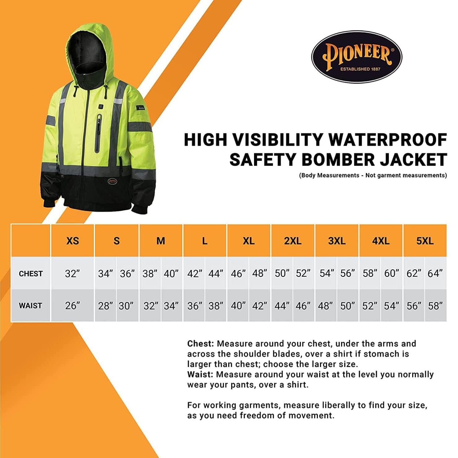 Pioneer Class 3 Hi-Vis Waterproof Heated Safety Jacket for Men - Winter Reflective Bomber Jacket with Detachable Hood - Ideal for Construction, Road Work & Outdoor Winter Activities