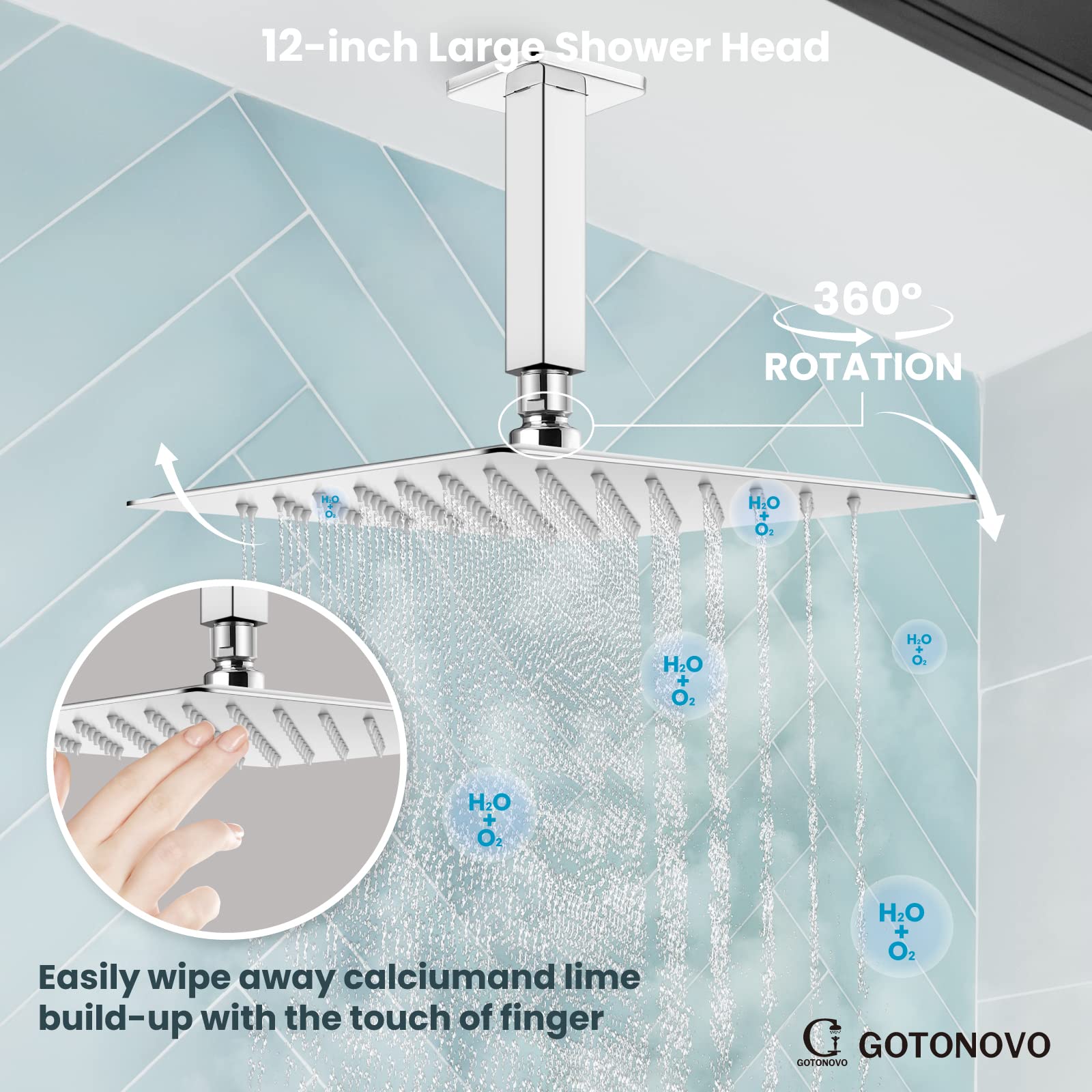 Gotonovo Luxury 12 Inch Rain Shower System - High Pressure Ceiling Mount Shower Head with Handheld Spray, Polish Chrome Finish, Dual Function Combo Set (Includes Rough-in Valve & Shower Trim) - Perfect for Master Bathroom, Spa-Like Shower Experience & Modern Home Renovation