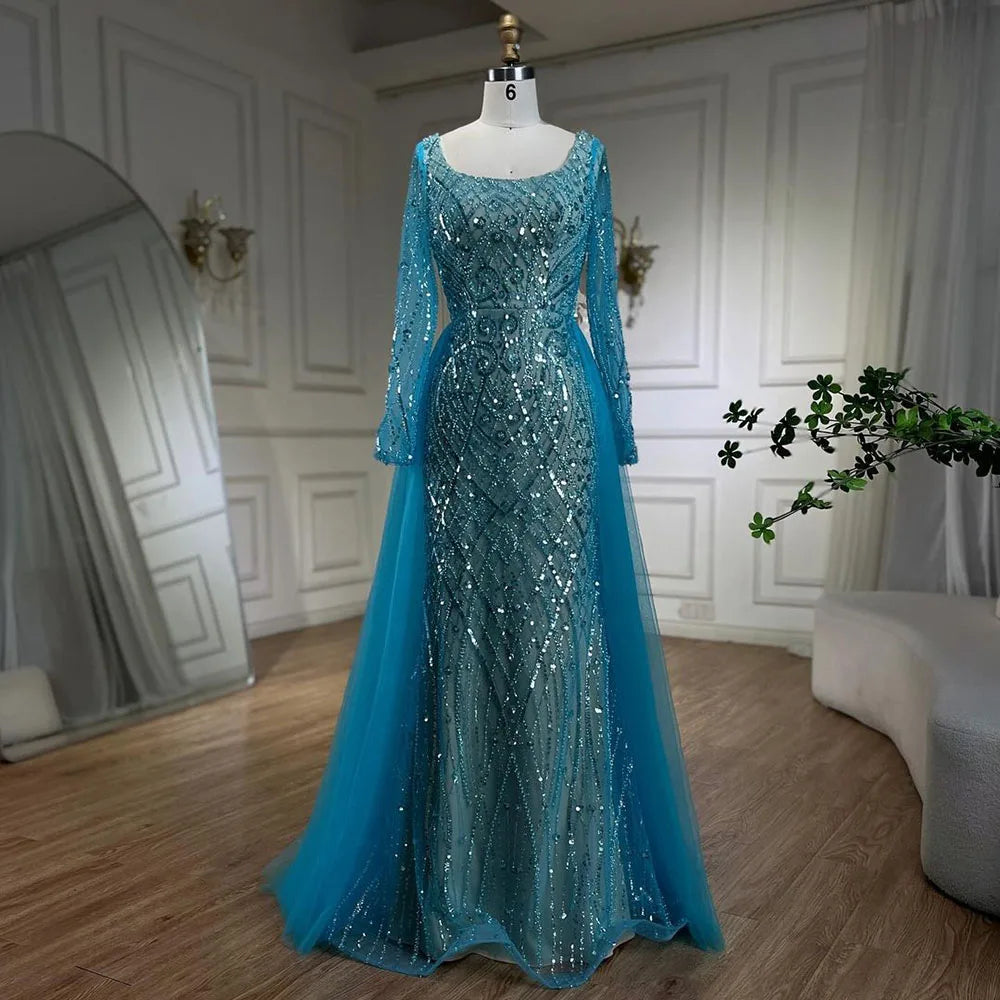 Elegant Blue Muslim Mermaid Evening Dress with Beaded Overskirt for Women - Wedding, Party & Special Occasion Gowns 2025 | LA72409 | Perfect for Bridal Showers, Galas & Formal Events