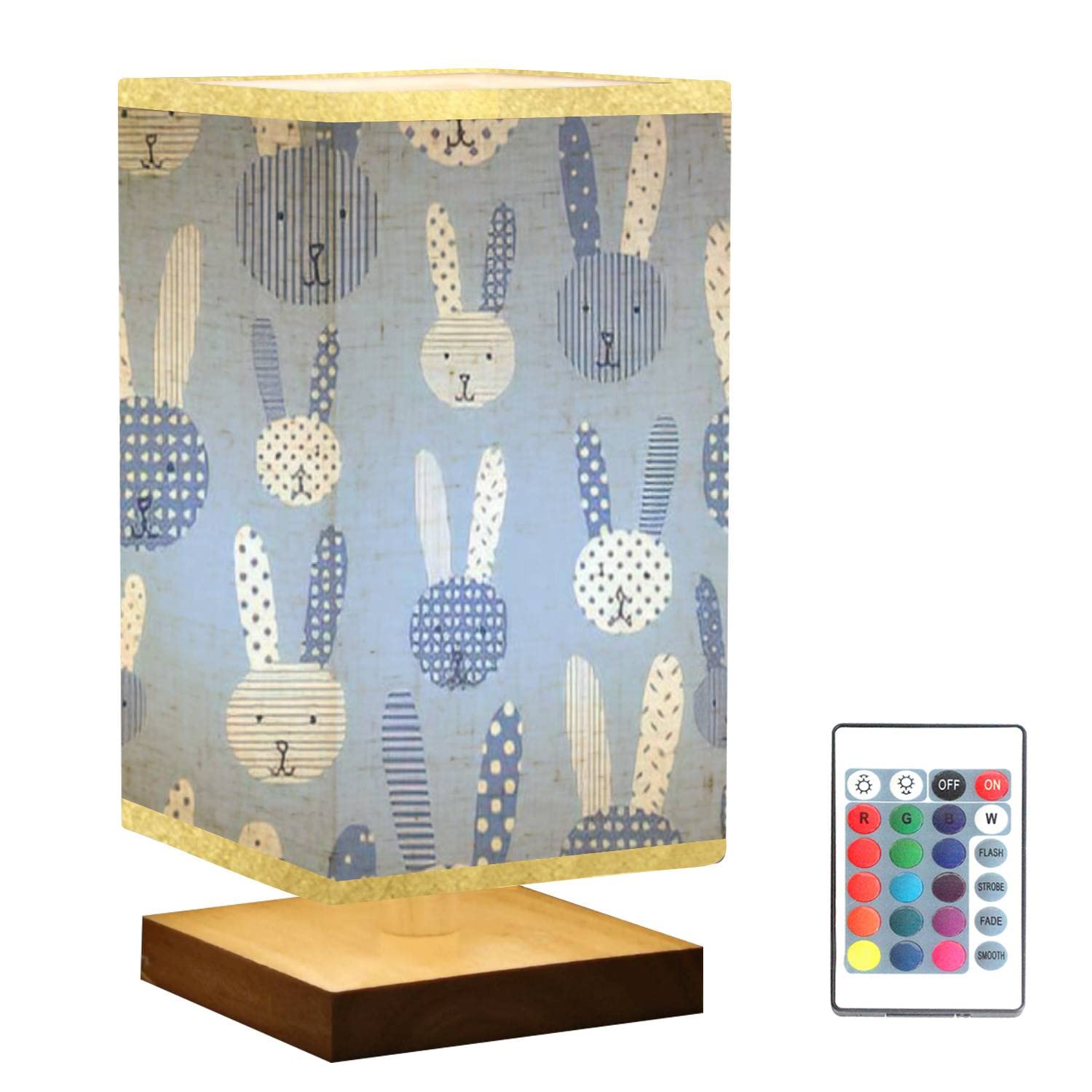 Cute Bunnies Nightstand Lamp - Wooden Base with Flaxen Fabric Shade, Dimmable Bedside Table Lamp for Kids Room, Nursery, Bedroom & Living Room - Blue & White Seamless Design for Cozy Nighttime Reading & Relaxation