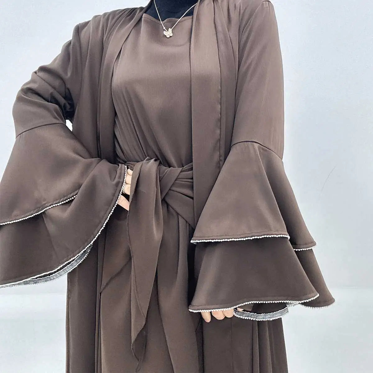 Elegant 3-Piece Satin Abaya Dress Set with Inner Dress & Midi Wrap - Perfect for Eid, Ramadan, and Special Occasions