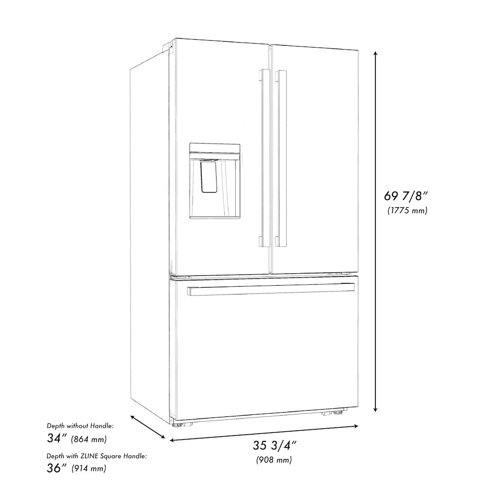 ZLINE Autograph Edition 36 Inch French Door Refrigerator with External Water Dispenser - 28.9 cu. ft. Capacity, Dual Ice Maker, Fingerprint Resistant Stainless Steel & Polished Gold Handles (RSMZ W 36 FG) - Perfect for Modern Kitchens, Entertaining & Large Family Homes