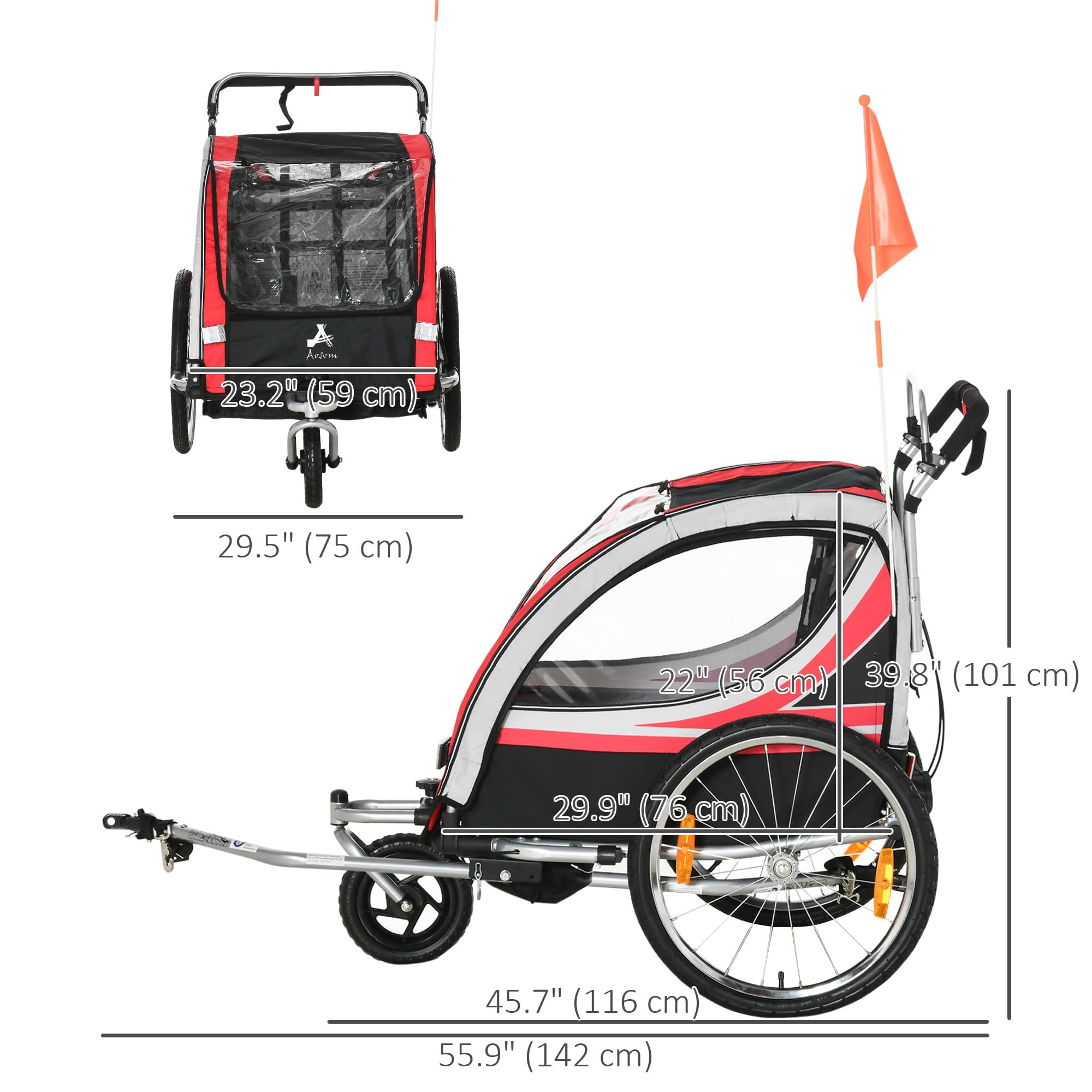 **Aosom 2-in-1 Double Baby Jogging Stroller & Bike Trailer for Kids & Toddlers – Handbrake, 5-Point Harness, Waterproof Cover, Storage Bag, Safety Flag & Reflectors – Perfect for Outdoor Adventures, Running & Biking**