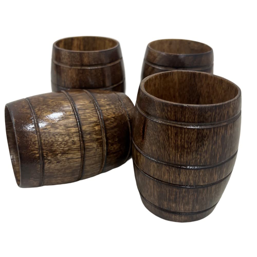Premium Handmade Wooden Barrel-Shaped Tea Mugs - Set of 4 Natural Solid Wood Drinking Cups for Coffee, Tea & Hot Beverages - Rustic Home Decor & Gift Idea for Tea Lovers
