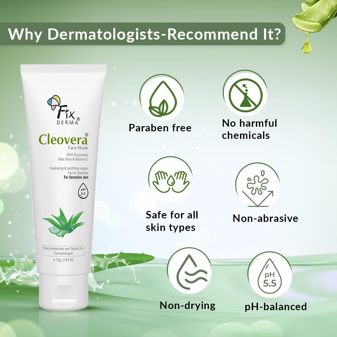 Fixderma Cleovera Aloe Vera Face Wash with Vitamin E - Gentle Cleanser for Dry & All Skin Types - Men & Women - 75g | Daily Skincare Routine, Acne Treatment & Hydrating Face Wash for Healthy Glow