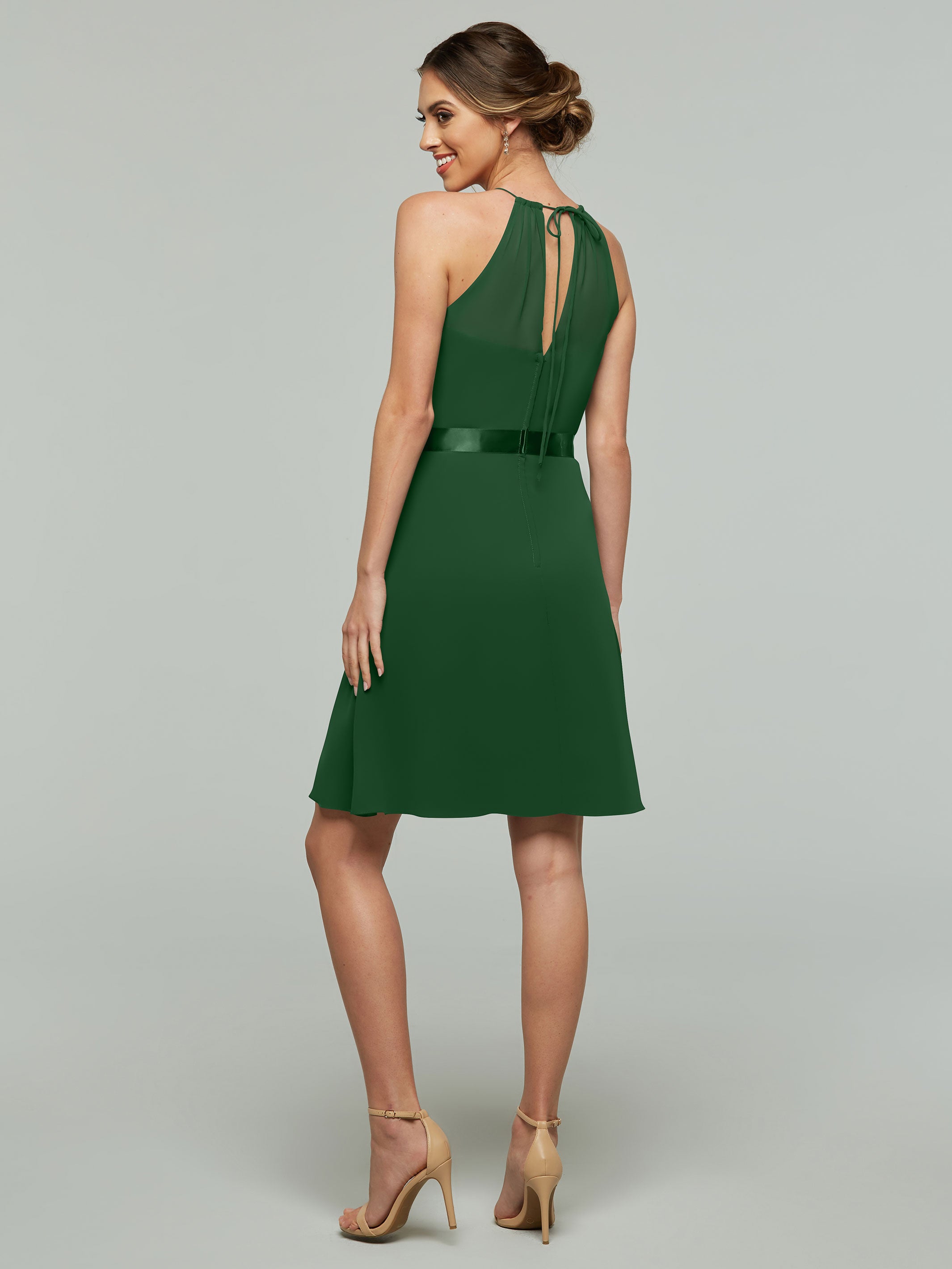 Elegant 80042 Knee-Length Chiffon Bridesmaid Dress with Halter Neckline & Keyhole Back - Perfect for Weddings, Parties & Formal Events