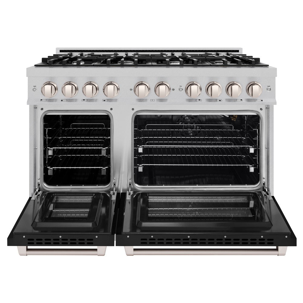 ZLINE 48-Inch 6.7 cu. ft. Professional Double Oven Gas Range with 8 Burner Cooktop - Satin Stainless Steel & Black Matte Doors (HGRS BLM 48) - Perfect for Large Kitchens, Home Chefs & Entertaining