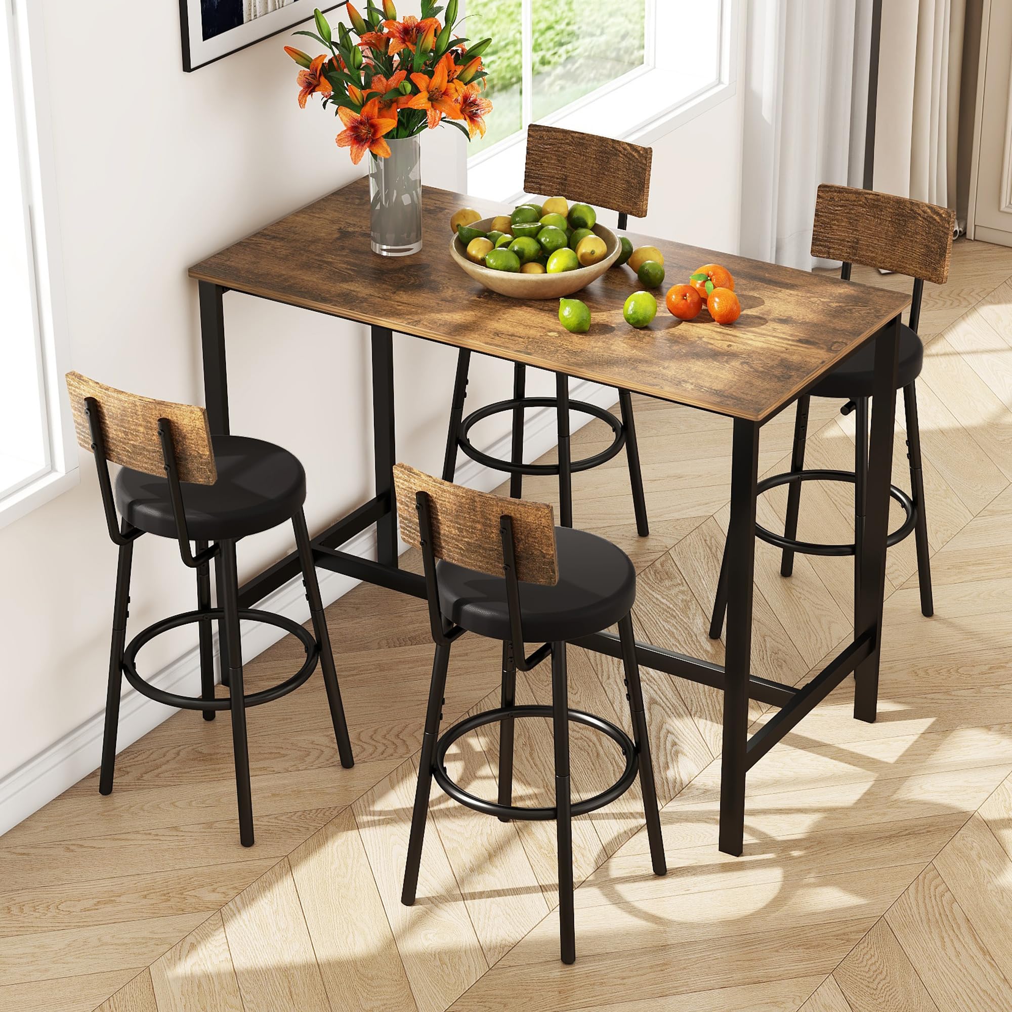 Tatub 5-Piece Counter Height Bar Table and Chairs Set - 4 Stools & 1 Breakfast Table - Brown Wooden Dining Set for Kitchen, Patio, Cafe & Small Spaces