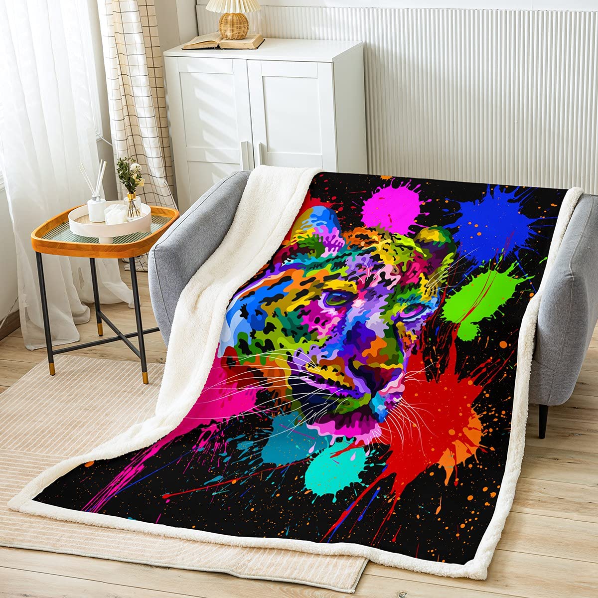 Rainbow Tie Dye Leopard Print Fleece Blanket - Ultra Soft Lightweight Microfiber Throw for Bed, Sofa & Travel - Cozy Flannel Blanket for All Seasons (60