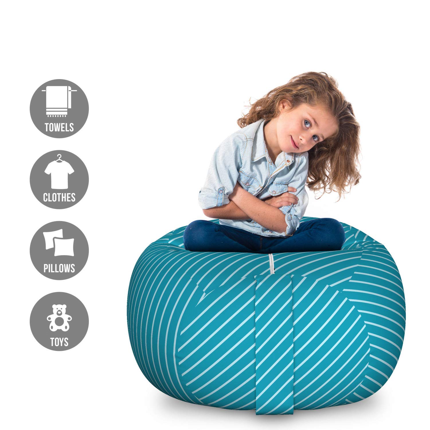 Ambesonne Geometric Storage Toy Bag Chair - Large Washable Stuffed Animal Organizer with Diagonal Striped Pattern in Pale Blue Teal | Perfect for Kids' Room, Nursery Organization & Travel Adventure Storage