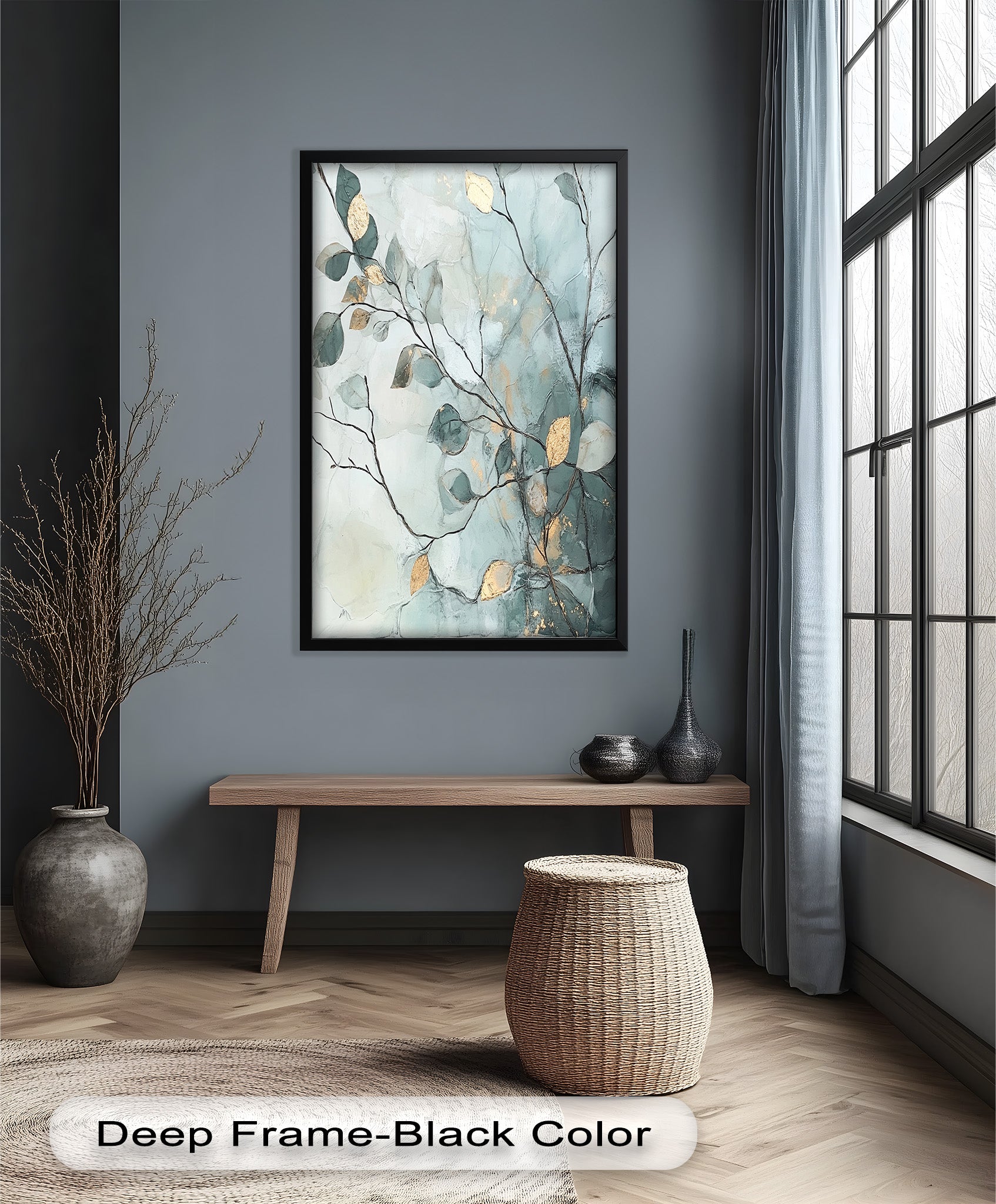 Blue and Metallic Leaf Branch Abstract Oil Painting - Handmade Canvas Wall Art for Living Room, Bedroom & Office Decor