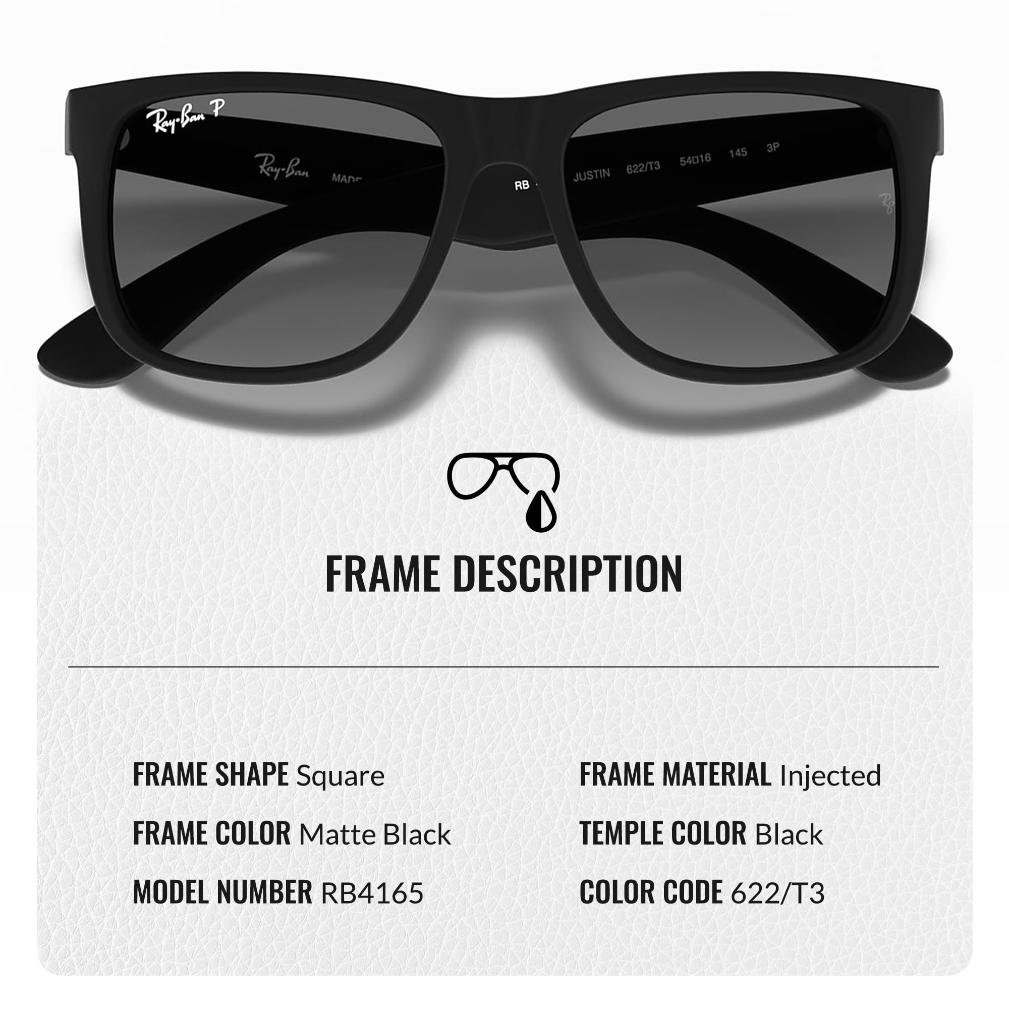 Ray-Ban RB4165 JUSTIN Classic Square Sunglasses for Men & Women - Premium Polarized UV Protection - High Bridge Fit - Includes Eyewear Cleaning Kit - Perfect for Driving, Beach & Outdoor Activities