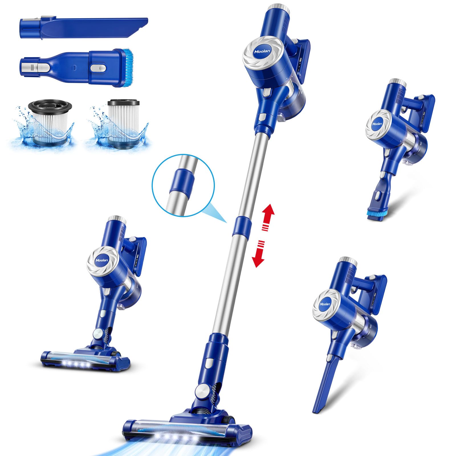 Moolan 6-in-1 Cordless Vacuum Cleaner - Powerful Suction, Lightweight, 40min Runtime, 180° Rotating Roller Brush for Hardwood Floors & Carpets - Perfect for Home, Office, and Pet Hair Cleaning