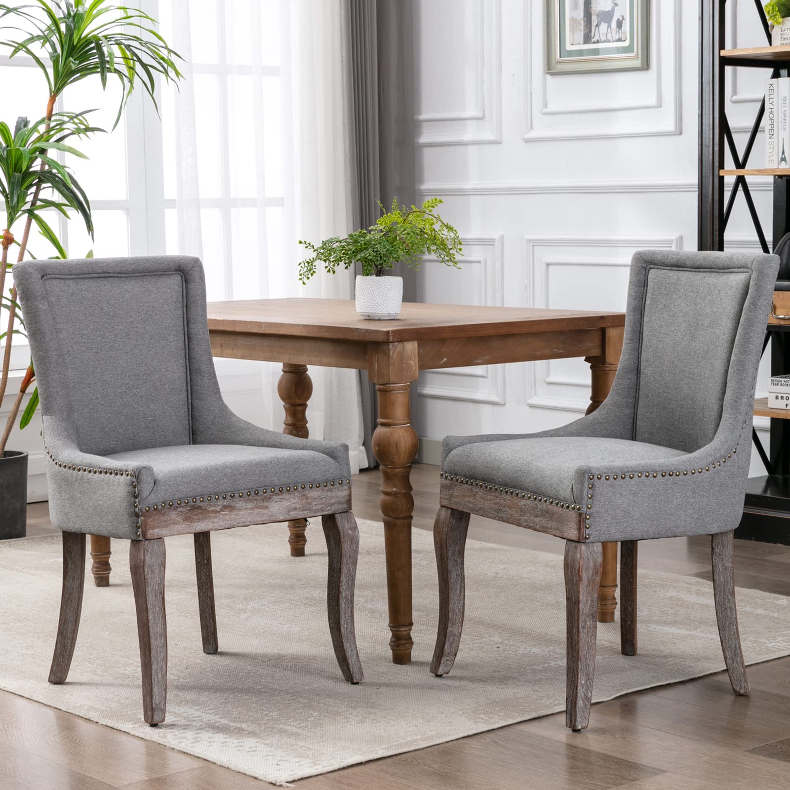 GNIXUU Set of 2 Solid Wood Fabric Upholstered Dining Chairs - Soft Comfortable Thick Padded Kitchen & Room Chairs - Industrial Rustic Wingback Accent Chairs with Nailhead Trim (Grey) - Perfect for Dining Room, Kitchen, Breakfast Nook & Home Decor