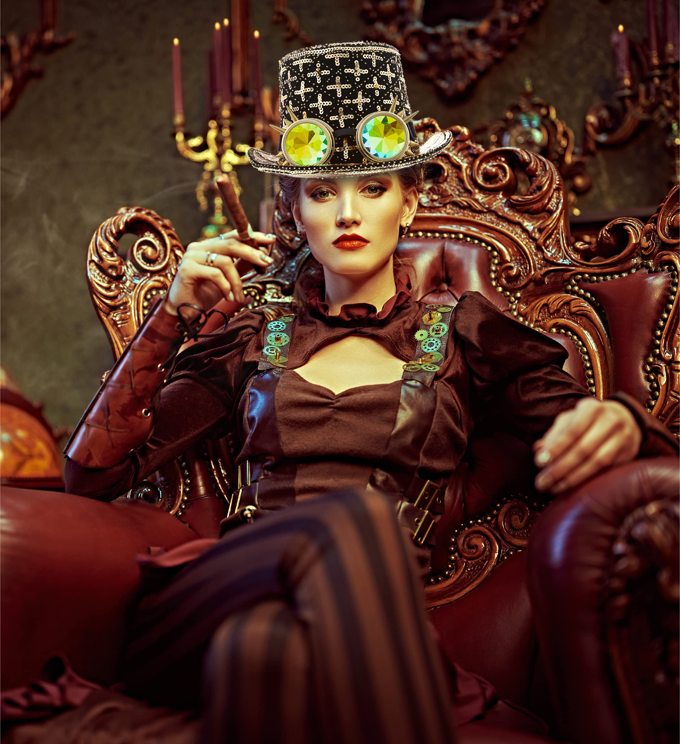 Steampunk Hat with Gold Paillettes & Goggles - Victorian Cosplay Costume Accessory for Halloween Parties, LARP Events, and Gothic Fashion