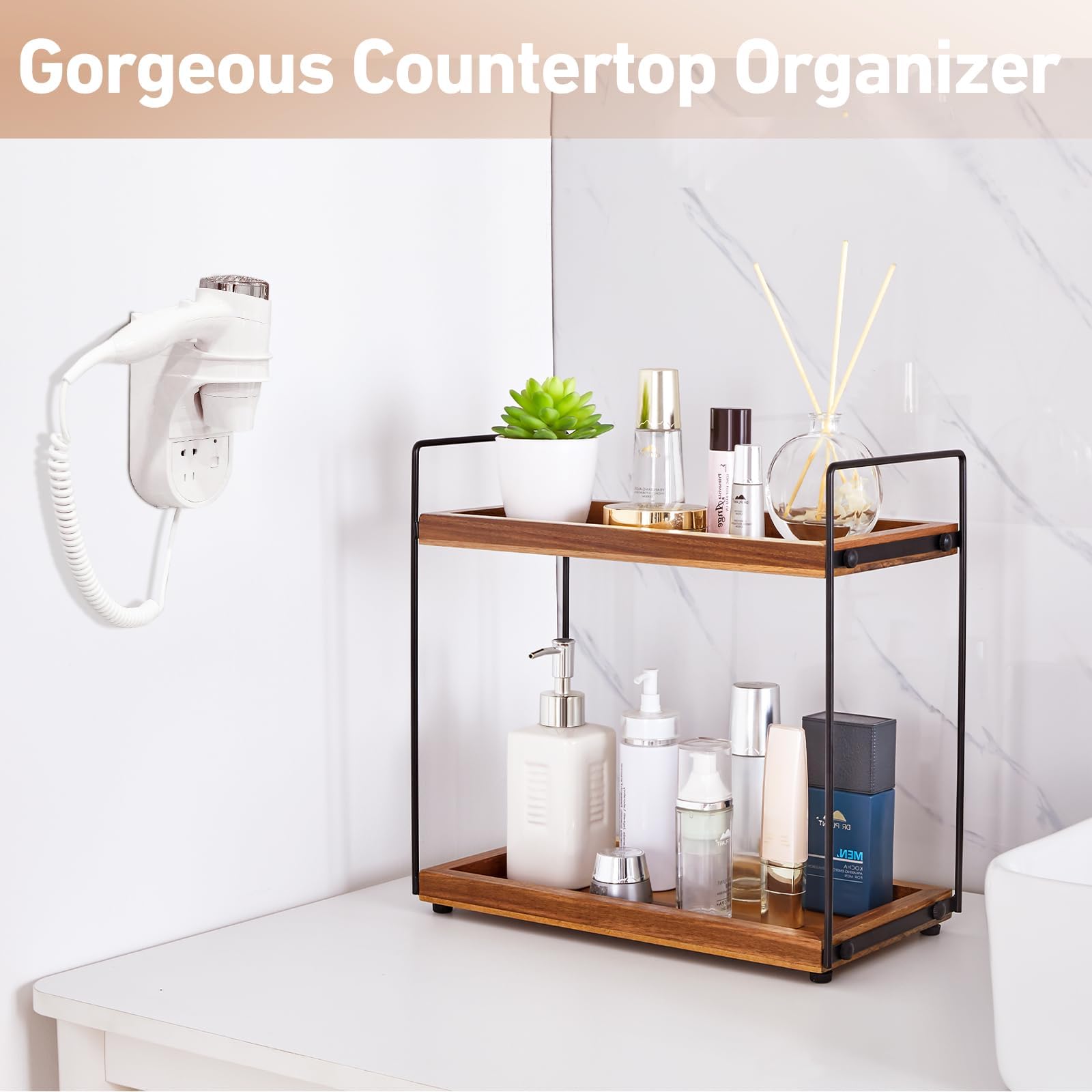 2-Tier Acacia Wood Countertop Organizer for Bathroom, Kitchen & Coffee Bar - Spice Rack, Vanity Shelf & Storage Solution for Countertops, Perfect for Small Space Organization