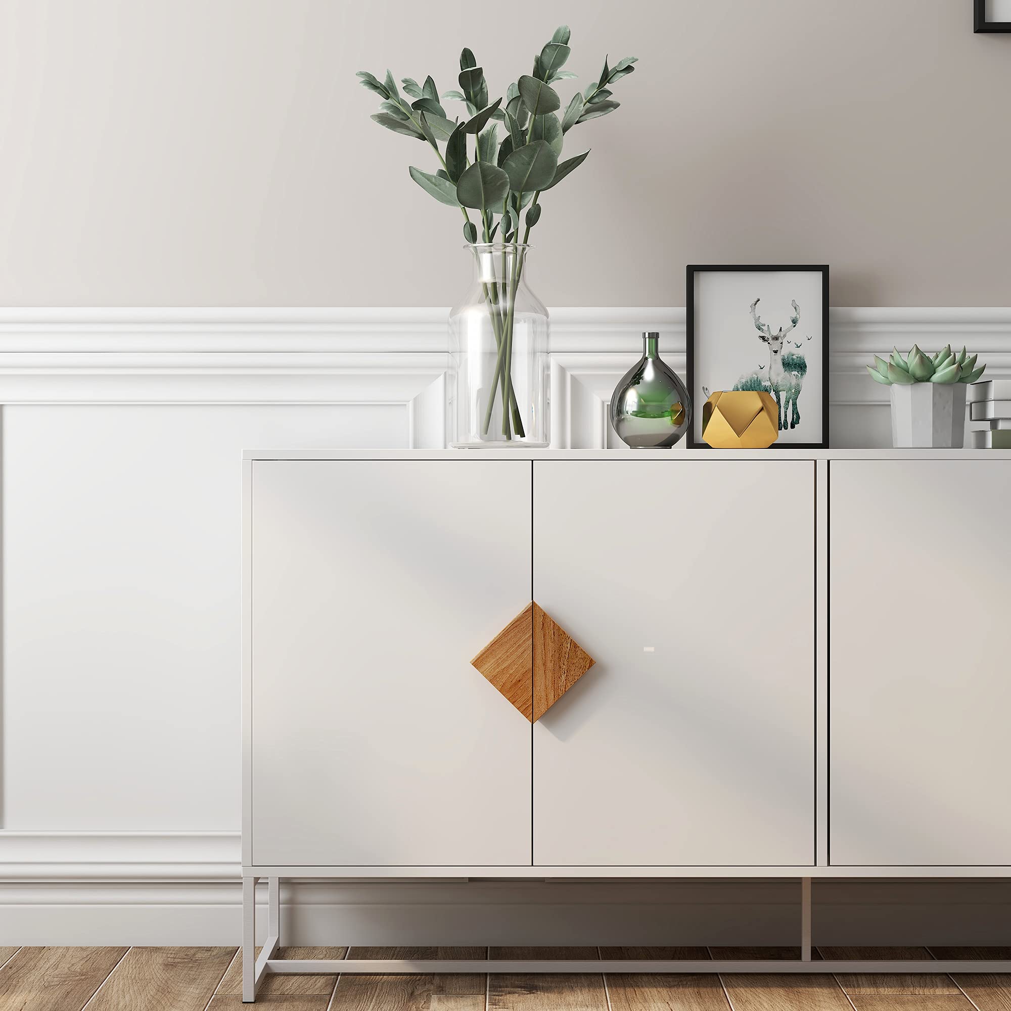 HABITRIO Solid Wood Kitchen Buffet Sideboard with 4 Doors & Double Storage - Unique Square Handle Design - Free Standing Storage Cabinet for Dining Room, Kitchen & Home Decor - Perfect for Entertaining & Organizing Dishes