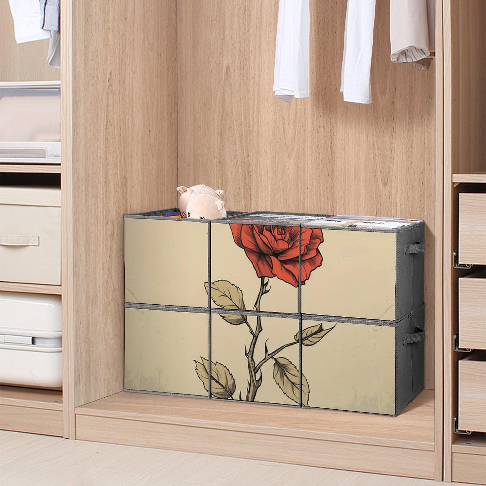 6-Pack Collapsible Rose Pattern Storage Bins with Handles - Large Fabric Storage Baskets for Closet Organization, Clothing Storage & Home Decor (Perfect for Bedroom, Bathroom, and Office Organization)