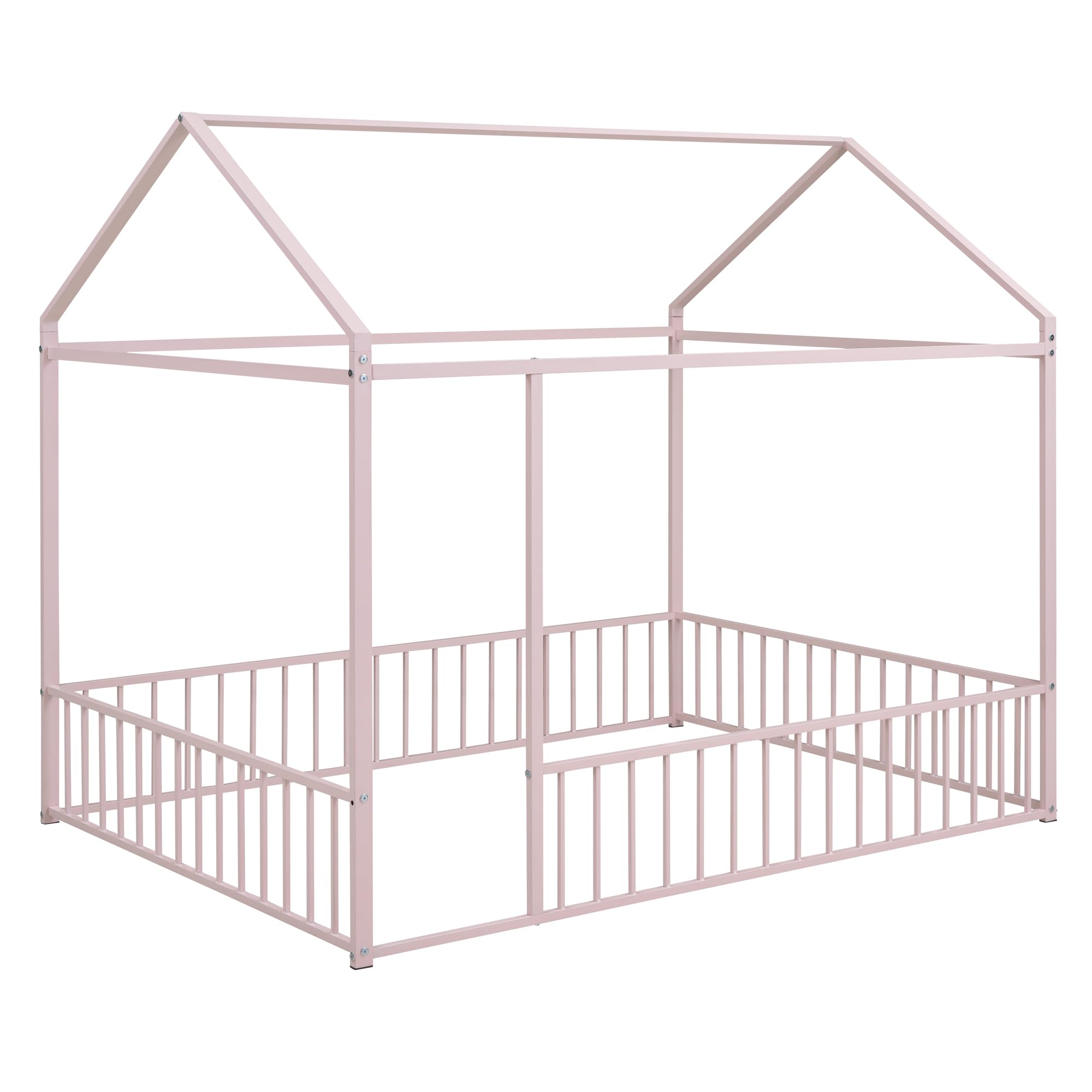Bellemave Full Size Montessori Floor Bed for Kids - Sturdy Metal House Frame with Safety Fence - Pink Playhouse Bed for Toddler & Child - Perfect for Montessori Bedrooms, Playrooms & Safe Sleep Spaces