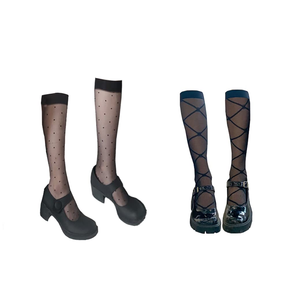 JIHUOO 2 Pairs Black Knee High Socks - Mesh Lolita Stockings with Patterned Design, Thin Calf Socks for Women & Girls | Perfect for Cosplay, Gothic Fashion and Everyday Wear