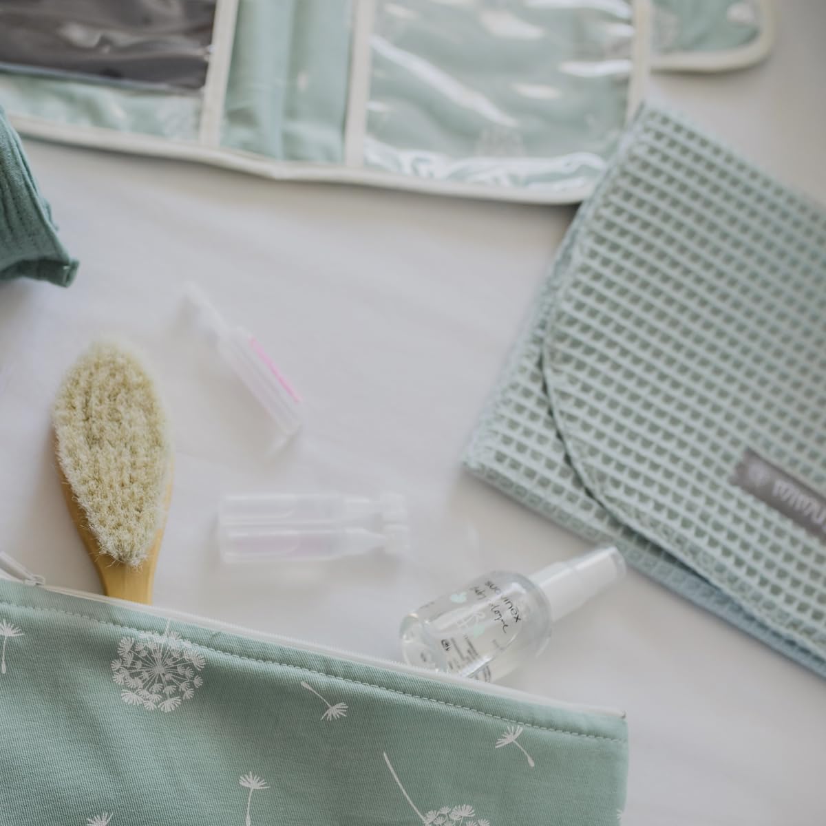 MIMUSELINA Waterproof Baby Diaper Bag Organizer Set - Perfect for Newborns, Travel & Daily Use (Waffle Mint/Bamboo Mint/Ecru) | Diaper Storage, Document Holder & On-the-Go Essentials Organizer