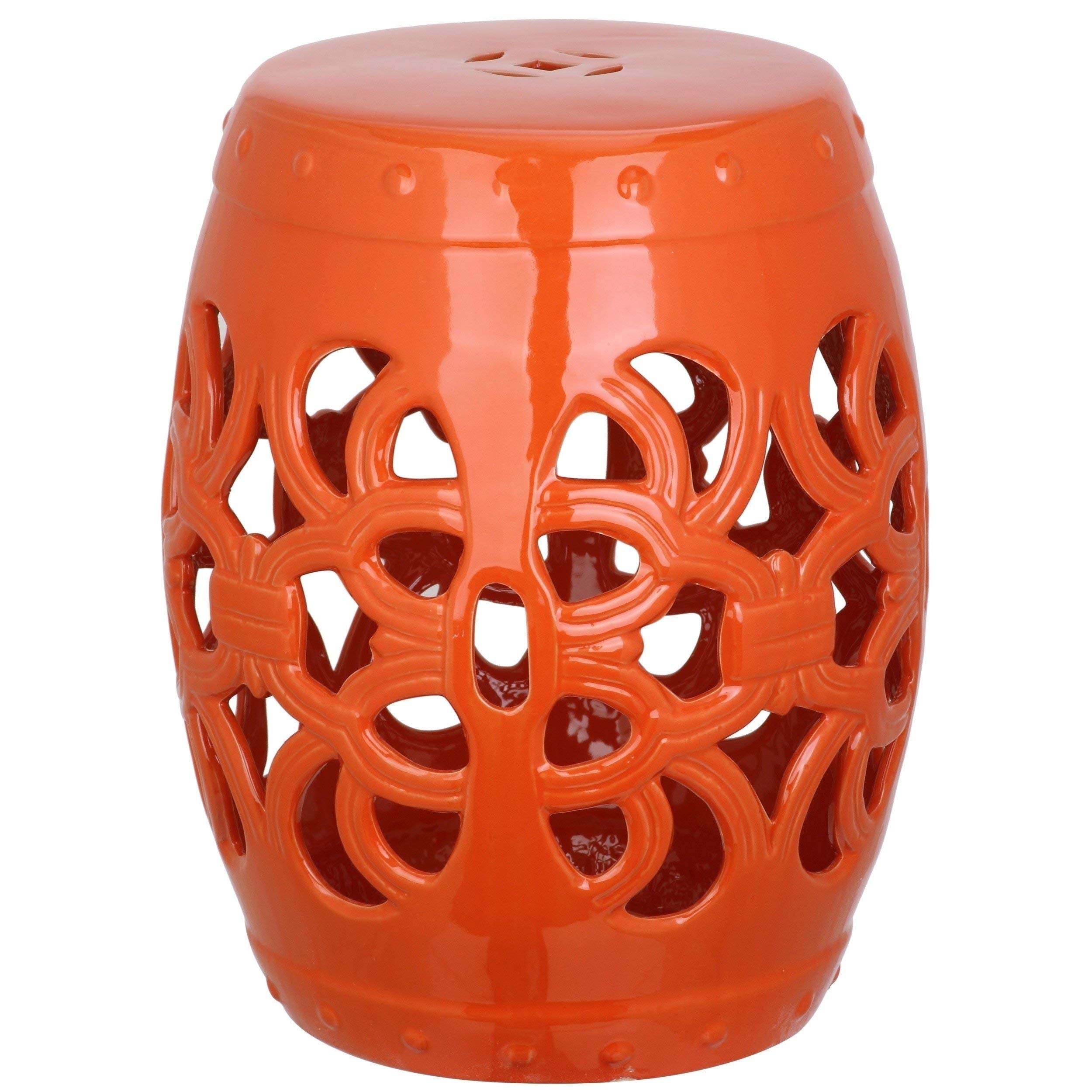 Orange Boho Plant Stand - Ceramic Patio Stool with Geometric Design, Coastal Outdoor Table for Moroccan Backyard, Deck & Lawn Decor | Perfect for Bohemian Gardens, Balconies & Poolside Areas